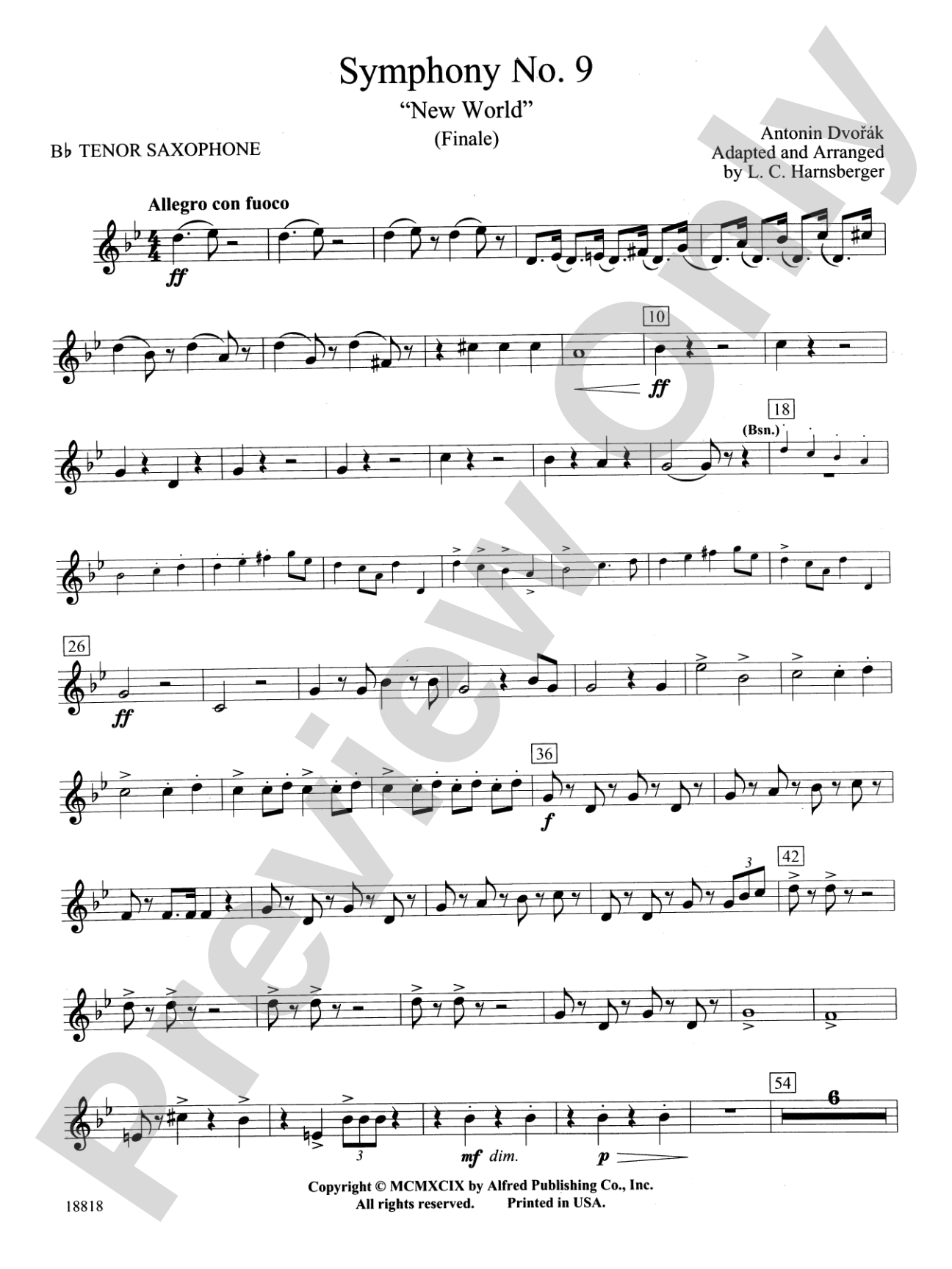 Symphony No. 9 "New World", Finale: B-flat Tenor Saxophone