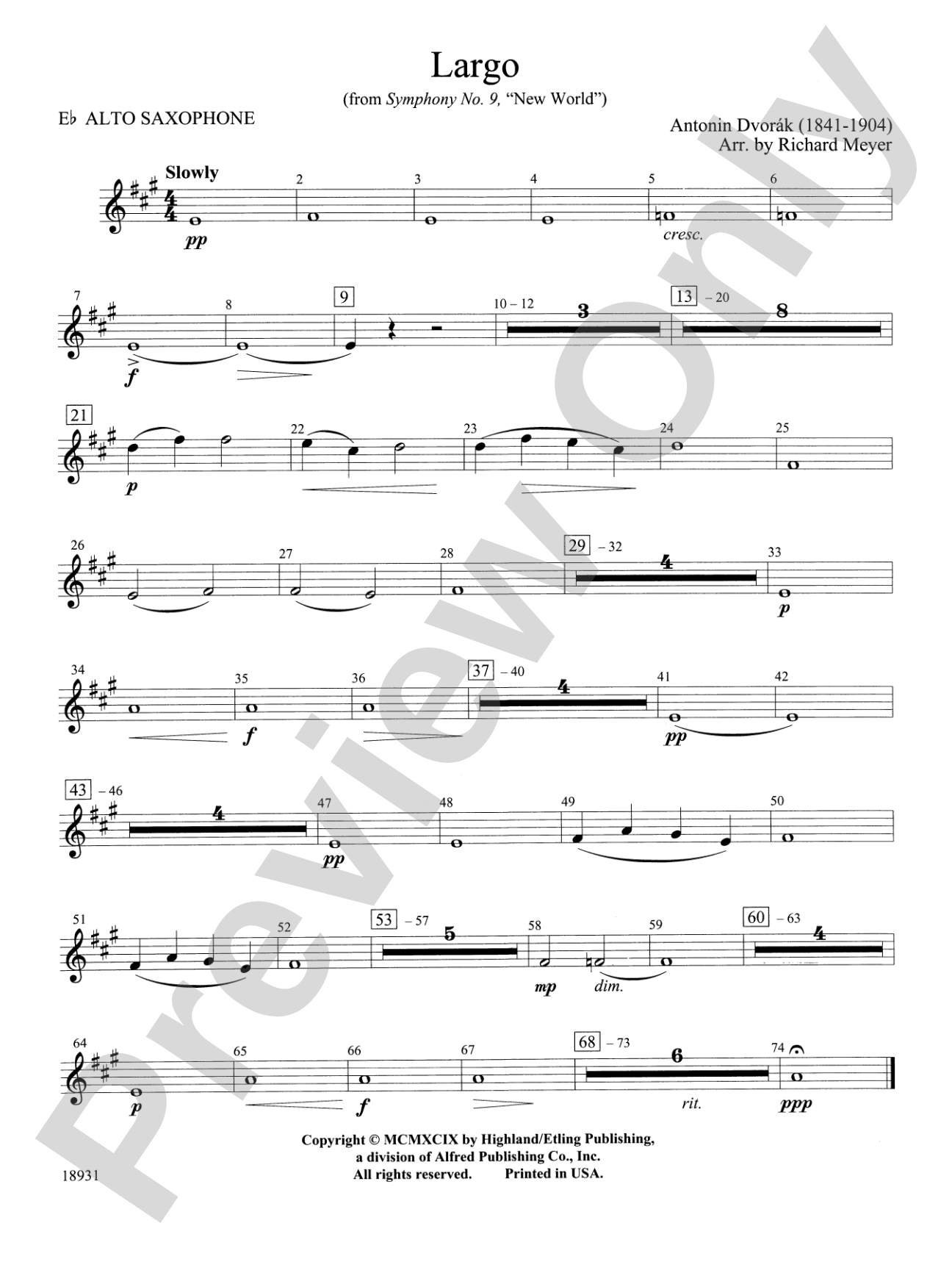 Largo from Symphony No. 9, "New World": E-flat Alto Saxophone