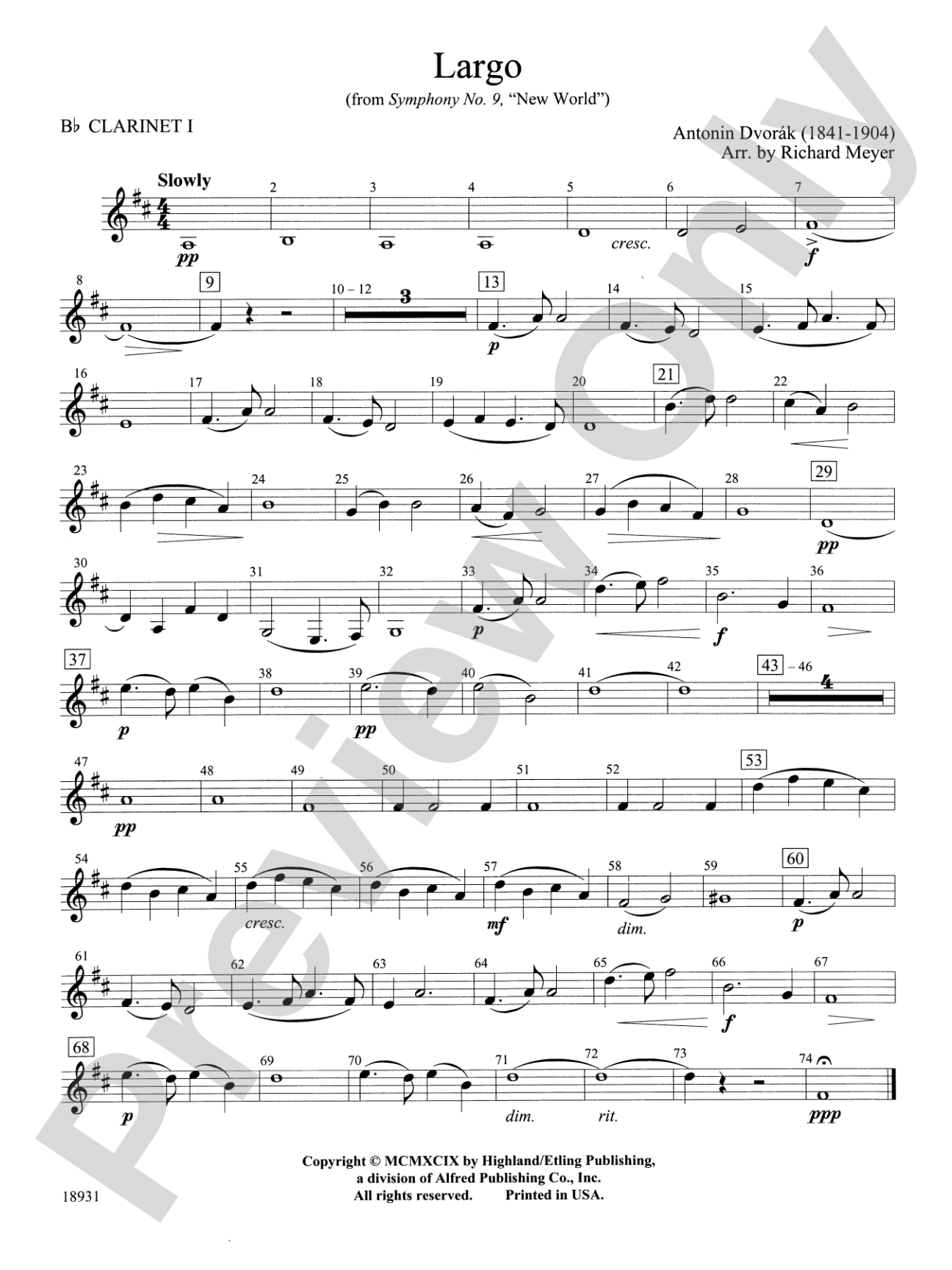 Largo from Symphony No. 9, "New World": 1st B-flat Clarinet
