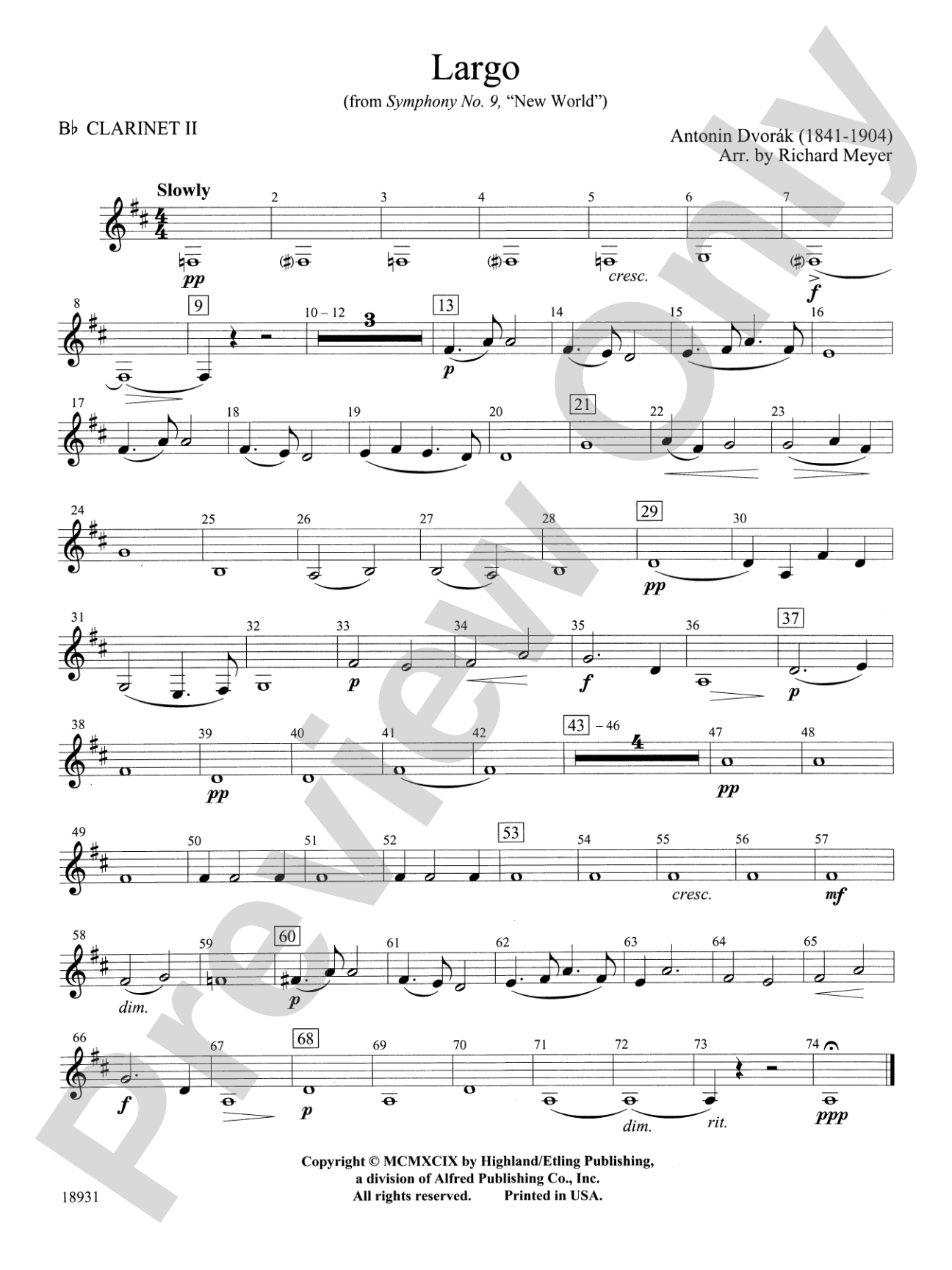 Largo from Symphony No. 9, "New World": 2nd B-flat Clarinet