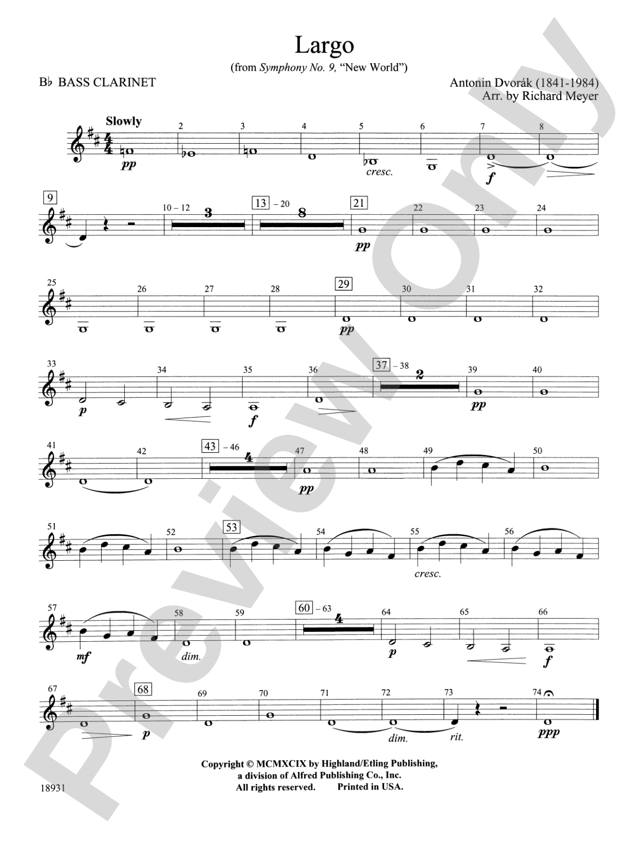 Largo from Symphony No. 9, "New World": B-flat Bass Clarinet