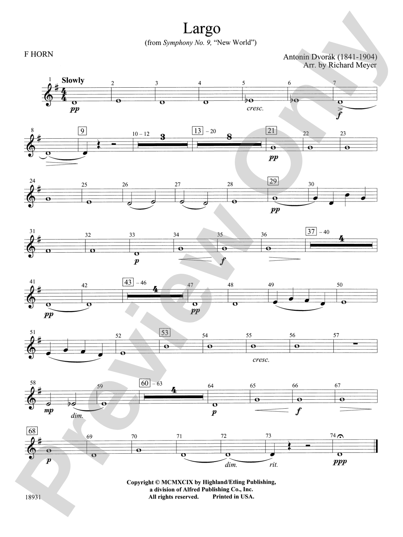 Largo from Symphony No. 9, "New World": 1st F Horn