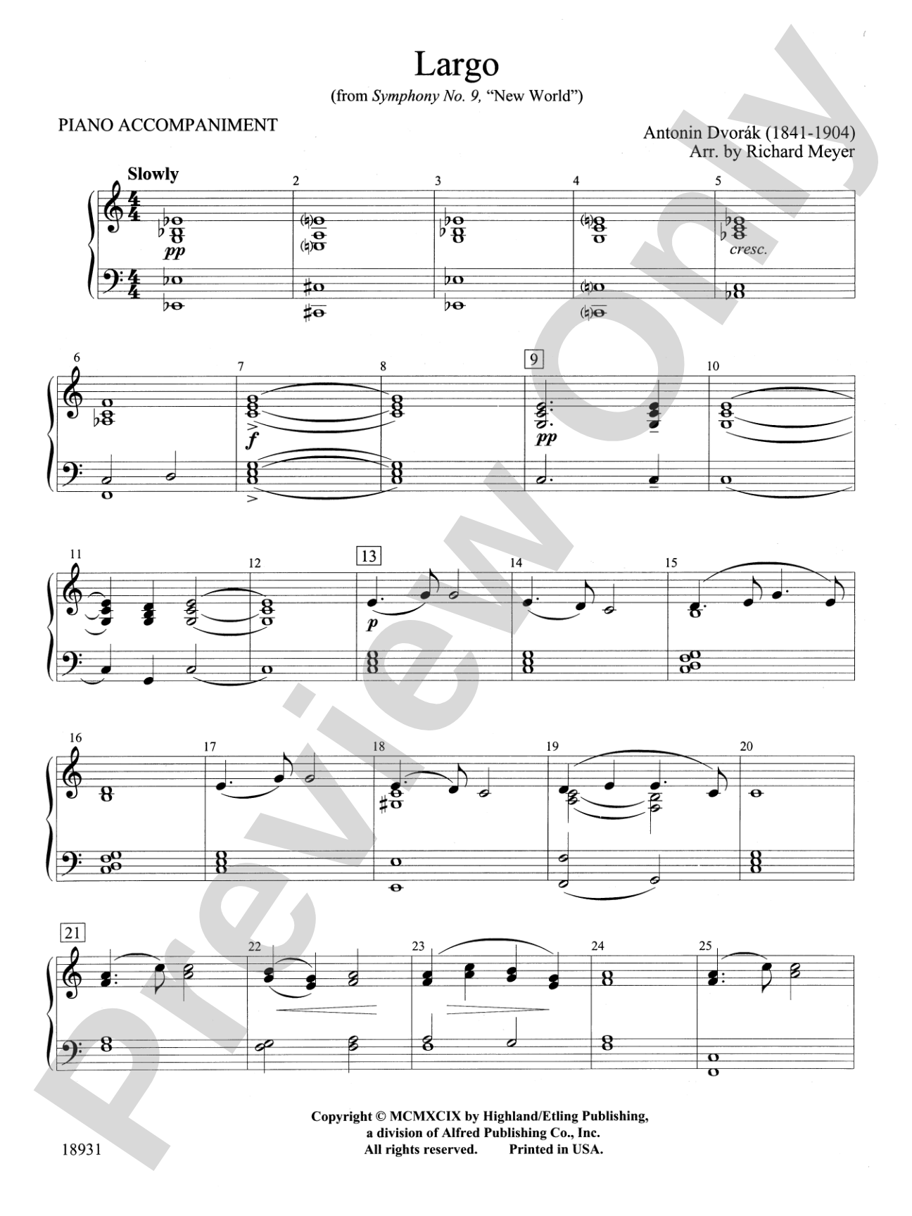 Largo from Symphony No. 9, "New World": Piano Accompaniment