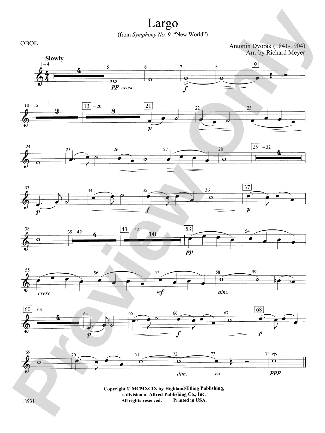 Largo from Symphony No. 9, "New World": Oboe