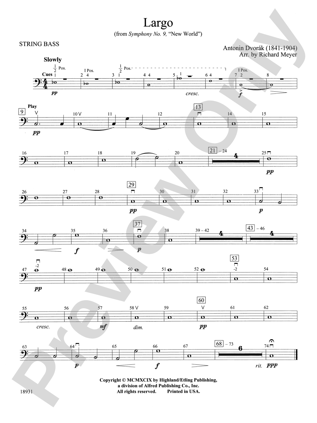Largo from Symphony No. 9, "New World": String Bass