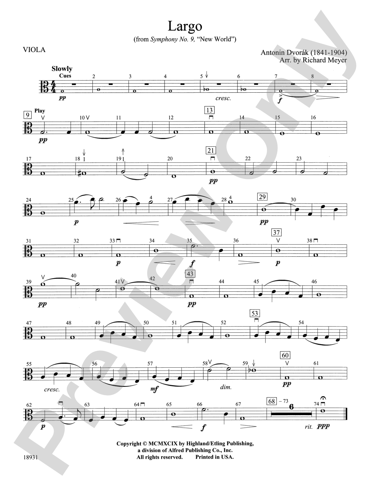 Largo from Symphony No. 9, "New World": Viola