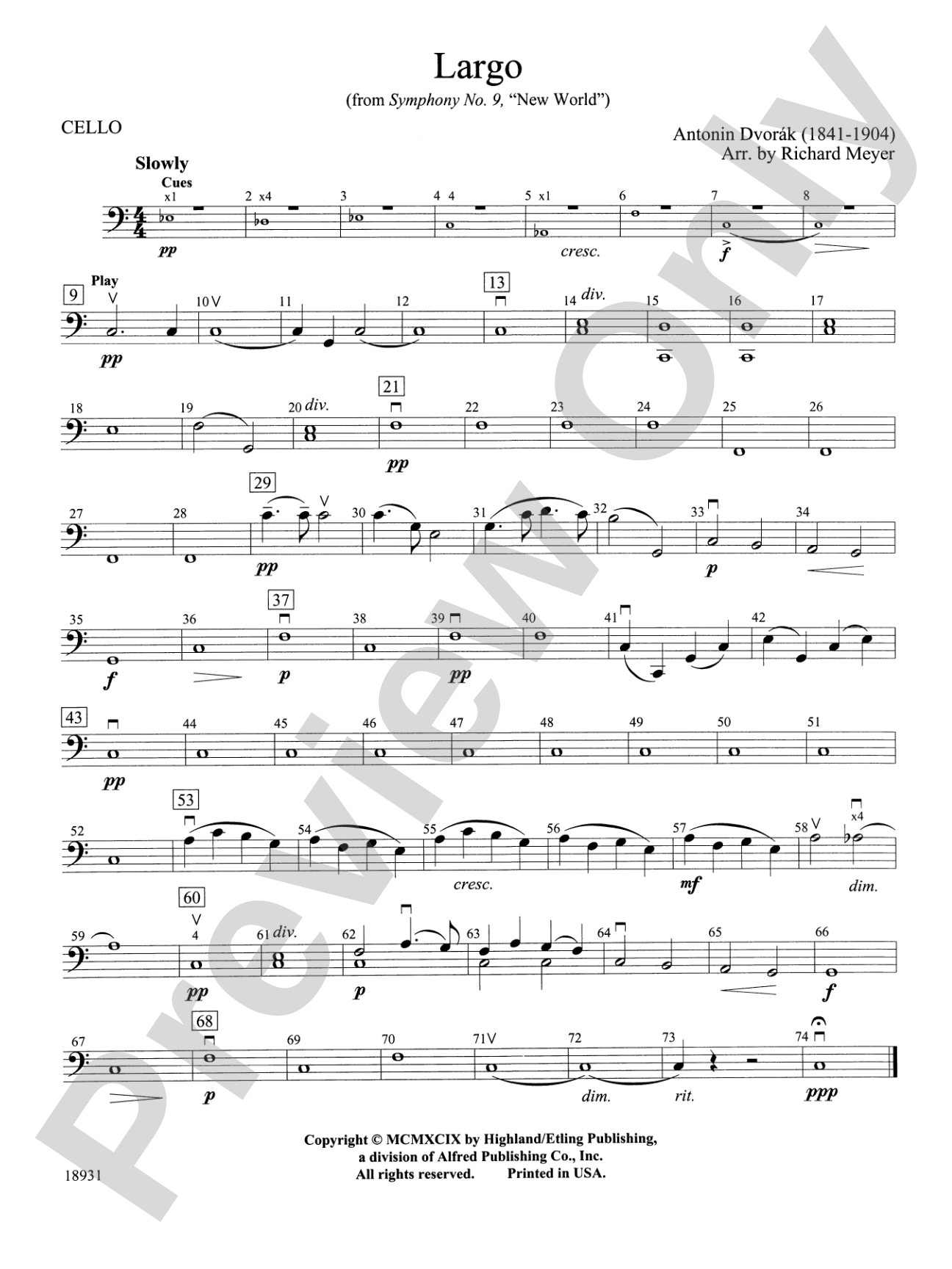 Largo from Symphony No. 9, "New World": Cello