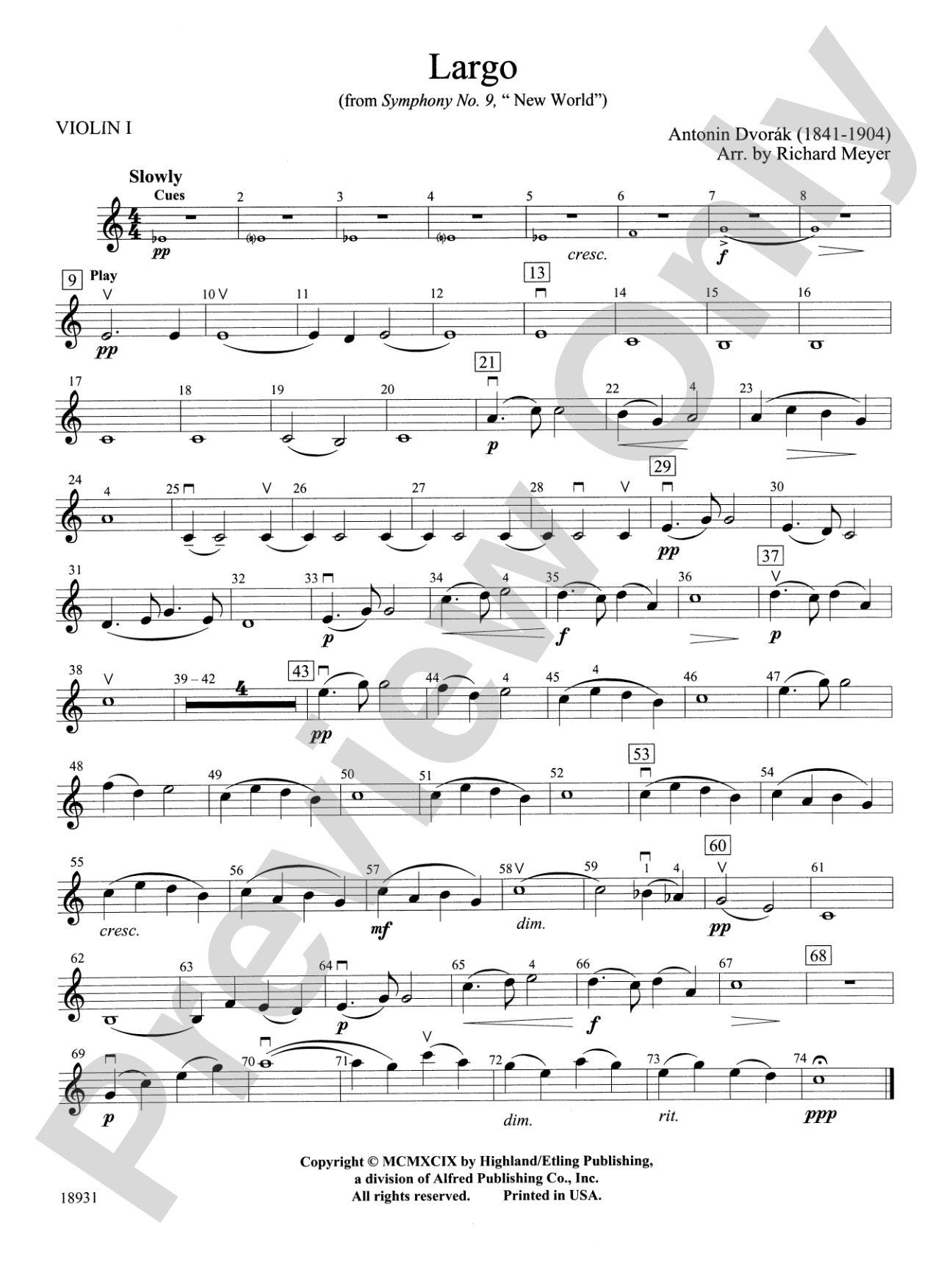 Largo from Symphony No. 9, "New World": 1st Violin