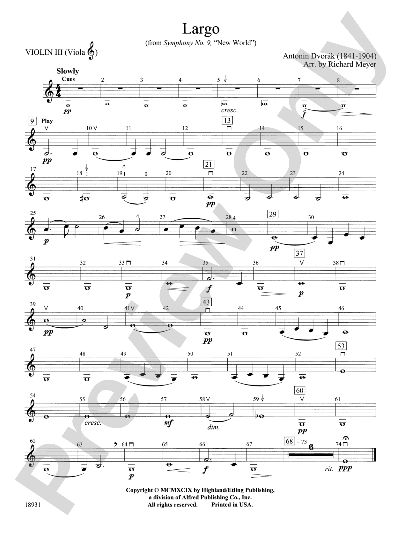 Largo from Symphony No. 9, "New World": 3rd Violin (Viola [TC])