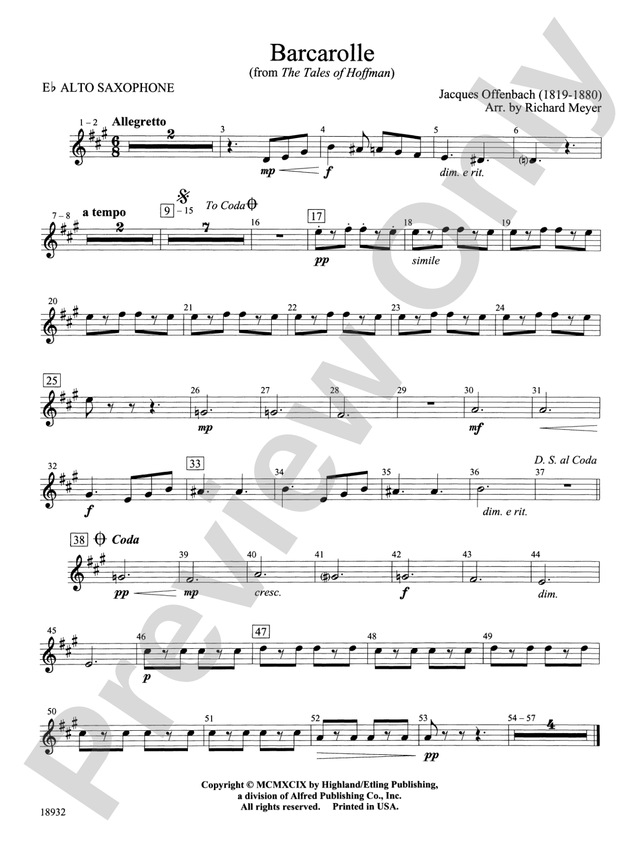 Barcarolle from "The Tales of Hoffman": E-flat Alto Saxophone