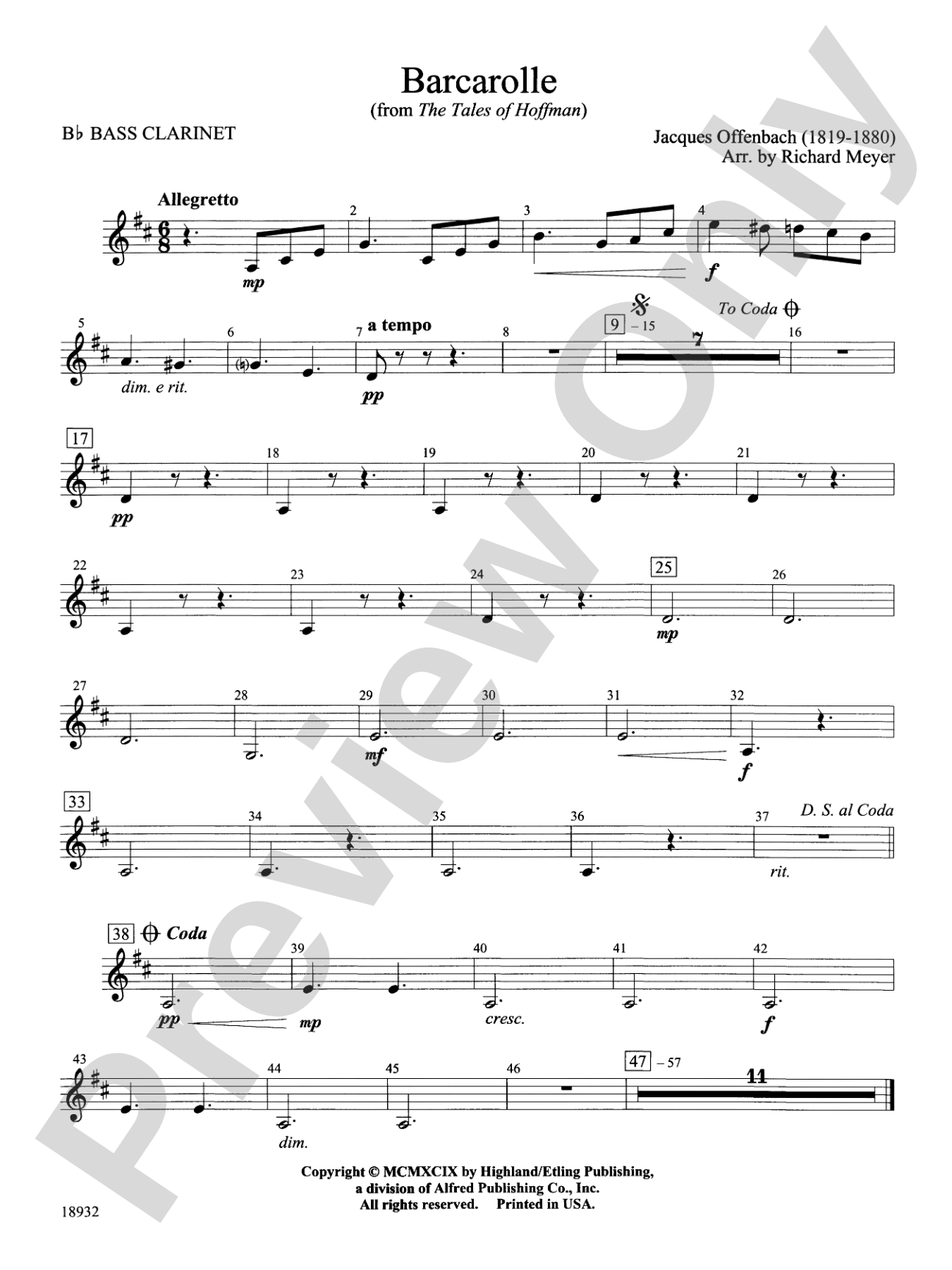 Barcarolle from "The Tales of Hoffman": B-flat Bass Clarinet