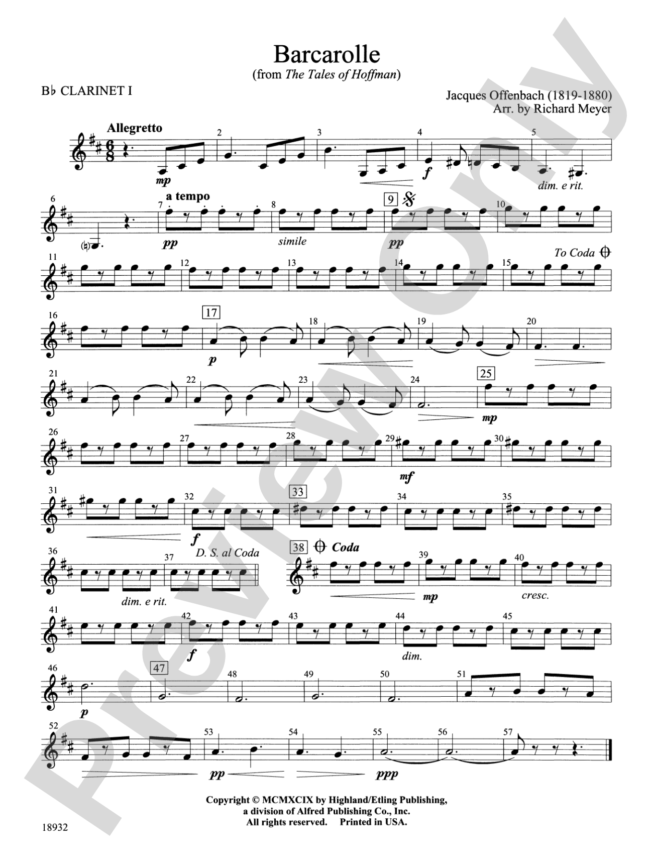 Barcarolle from "The Tales of Hoffman": 1st B-flat Clarinet