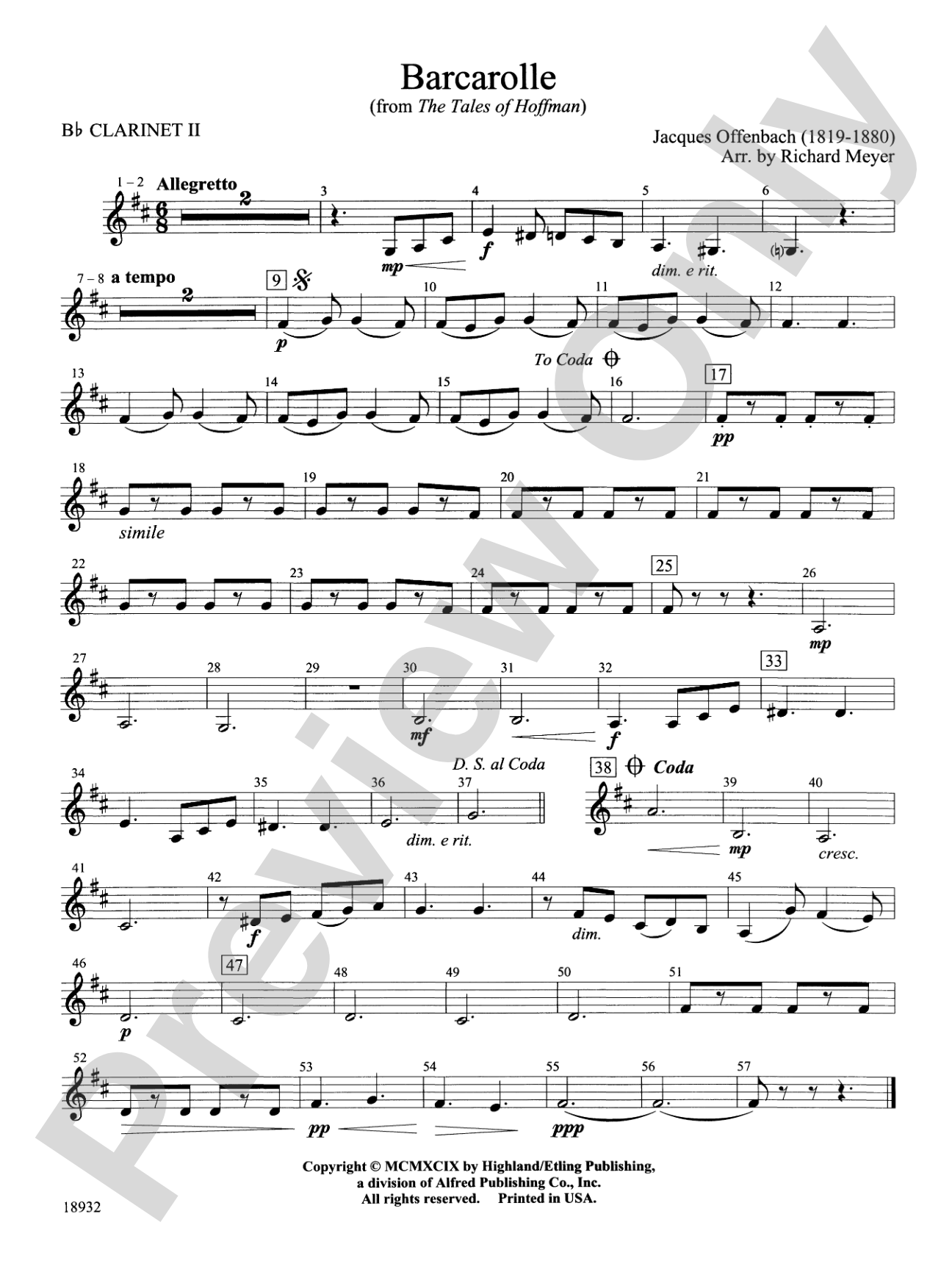 Barcarolle from "The Tales of Hoffman": 2nd B-flat Clarinet