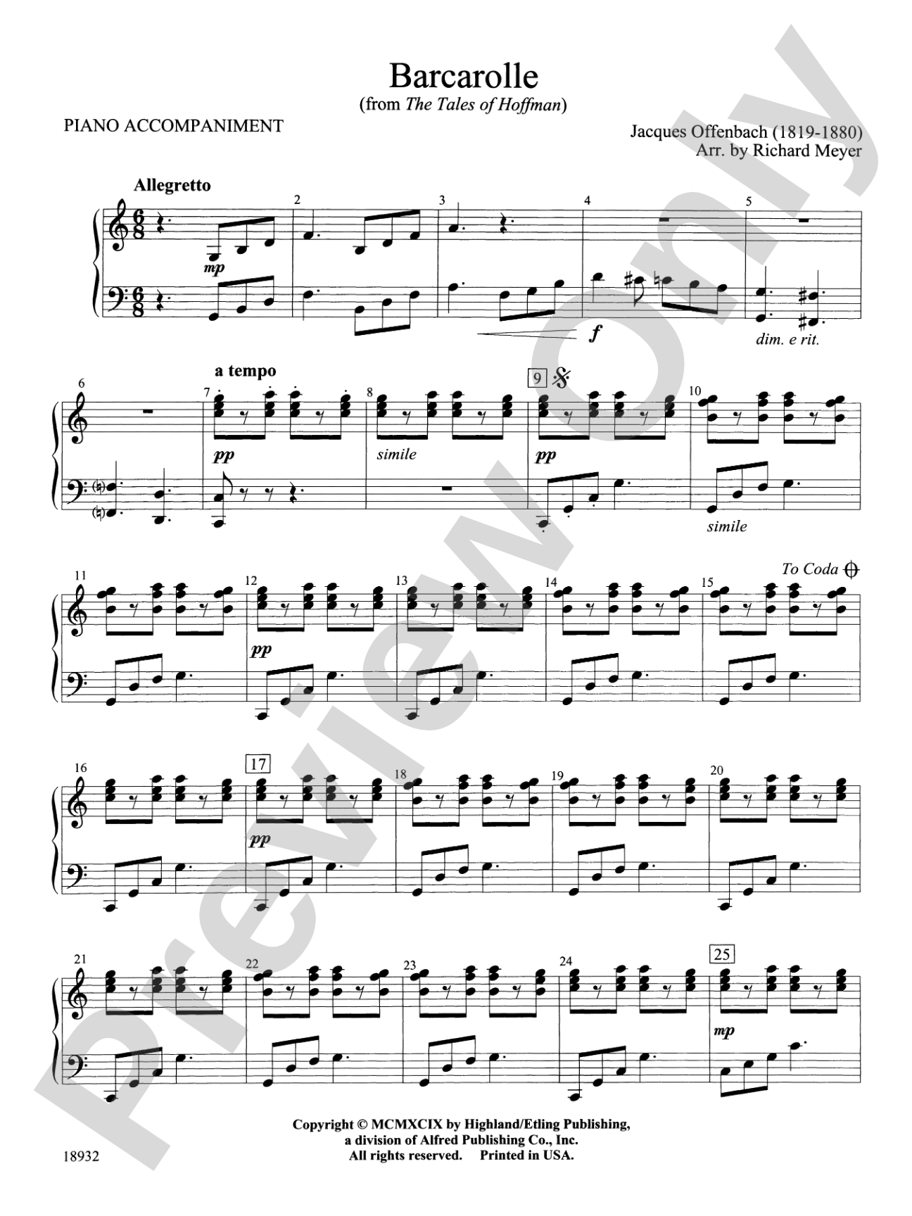 Barcarolle from "The Tales of Hoffman": Piano Accompaniment