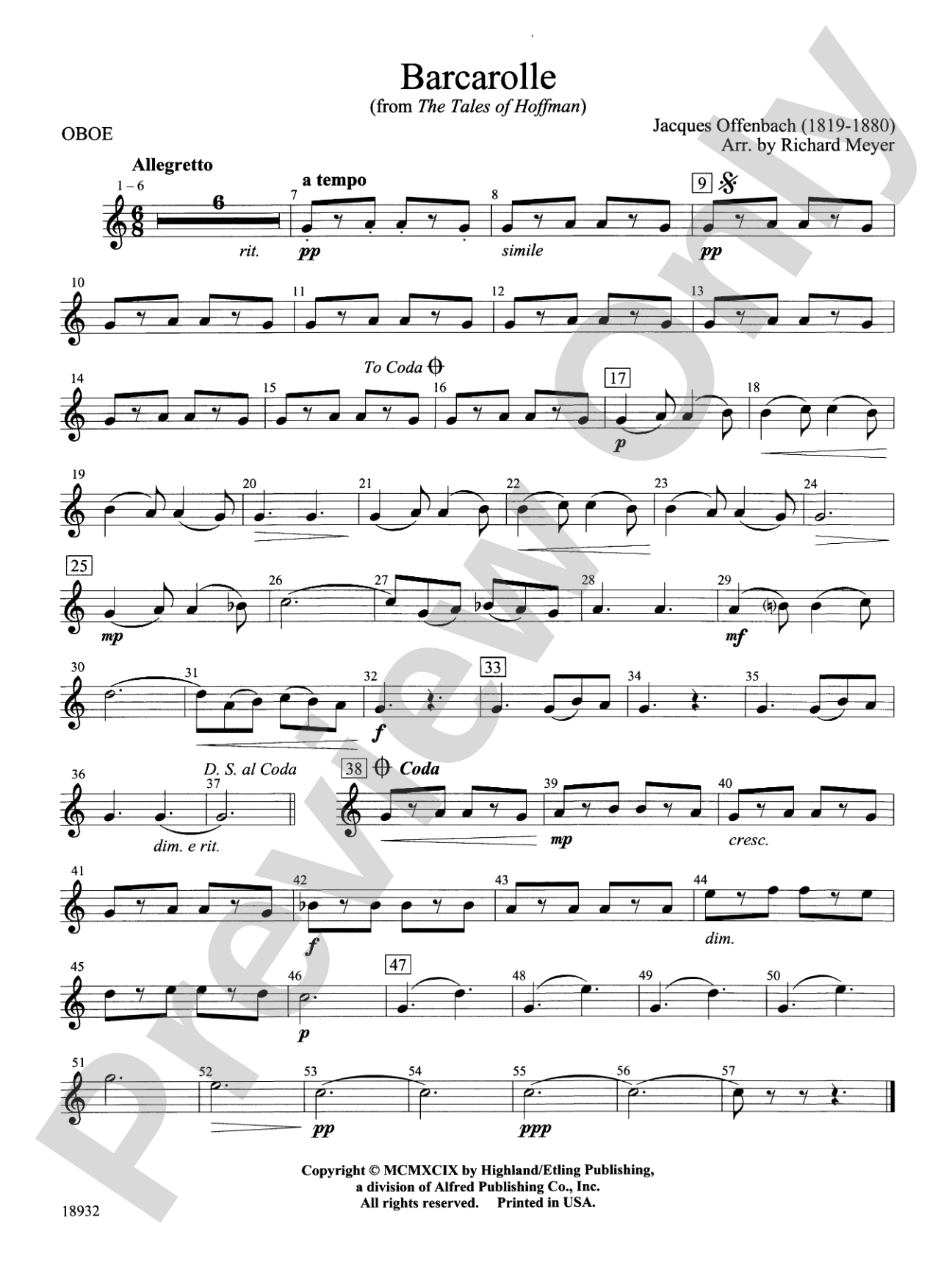 Barcarolle from "The Tales of Hoffman": Oboe