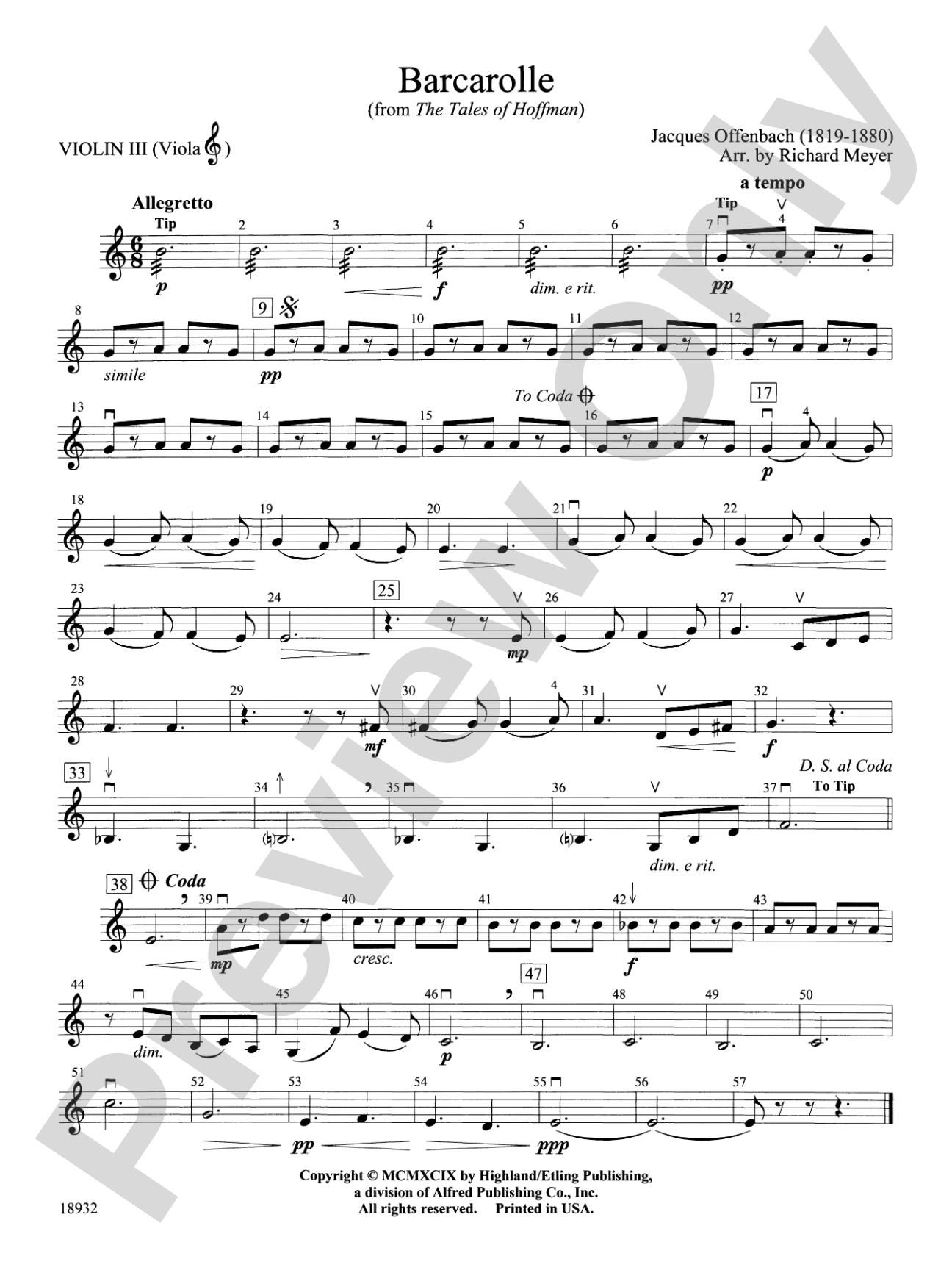 Barcarolle from "The Tales of Hoffman": 3rd Violin (Viola [TC])
