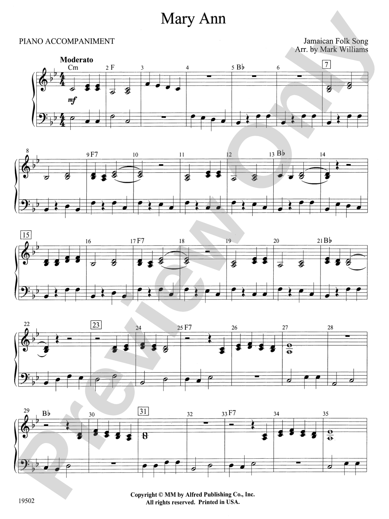 Mary Ann: Piano Accompaniment