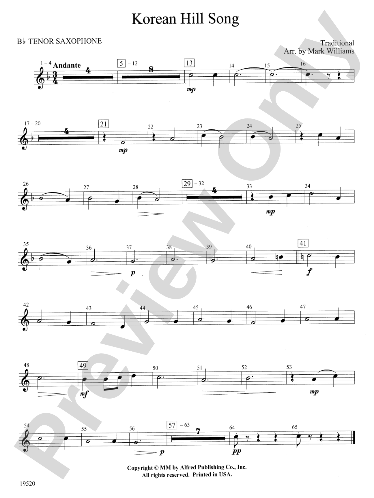 Korean Hill Song: B-flat Tenor Saxophone