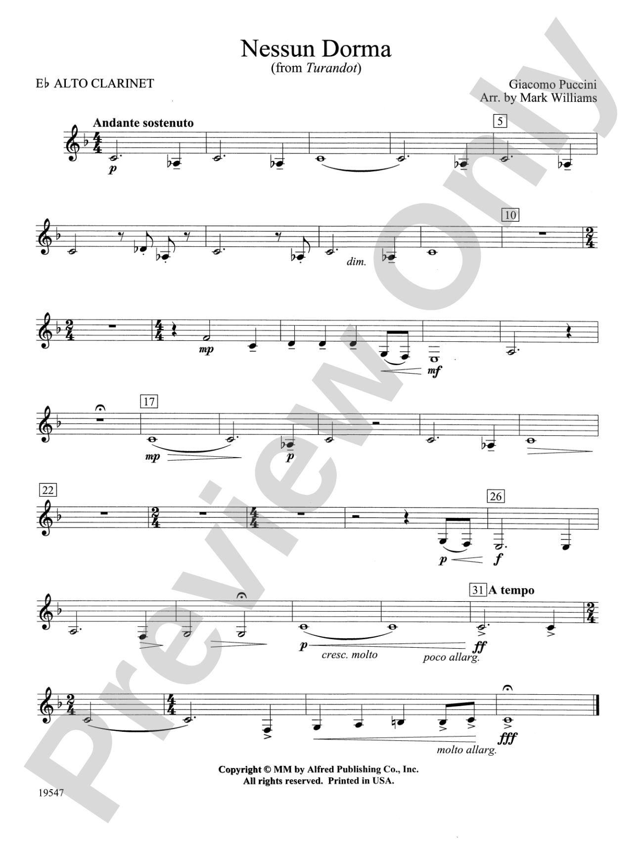Nessun Dorma: E-flat Alto Clarinet