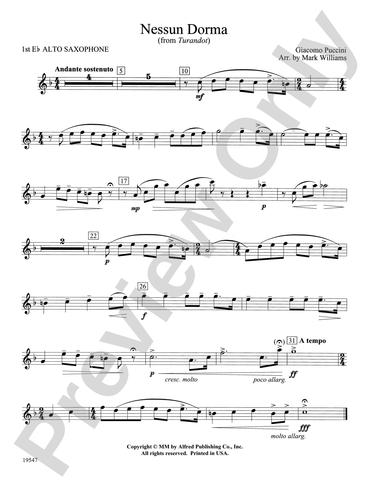 Nessun Dorma: E-flat Alto Saxophone