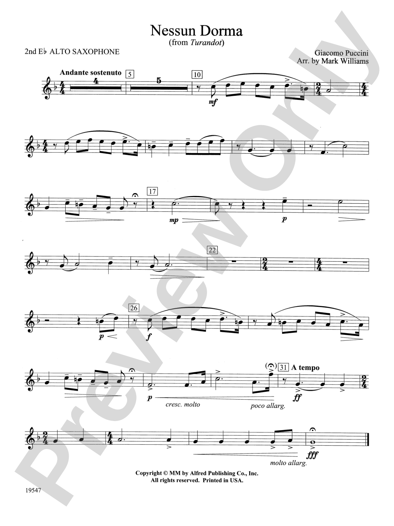 Nessun Dorma: 2nd E-flat Alto Saxophone