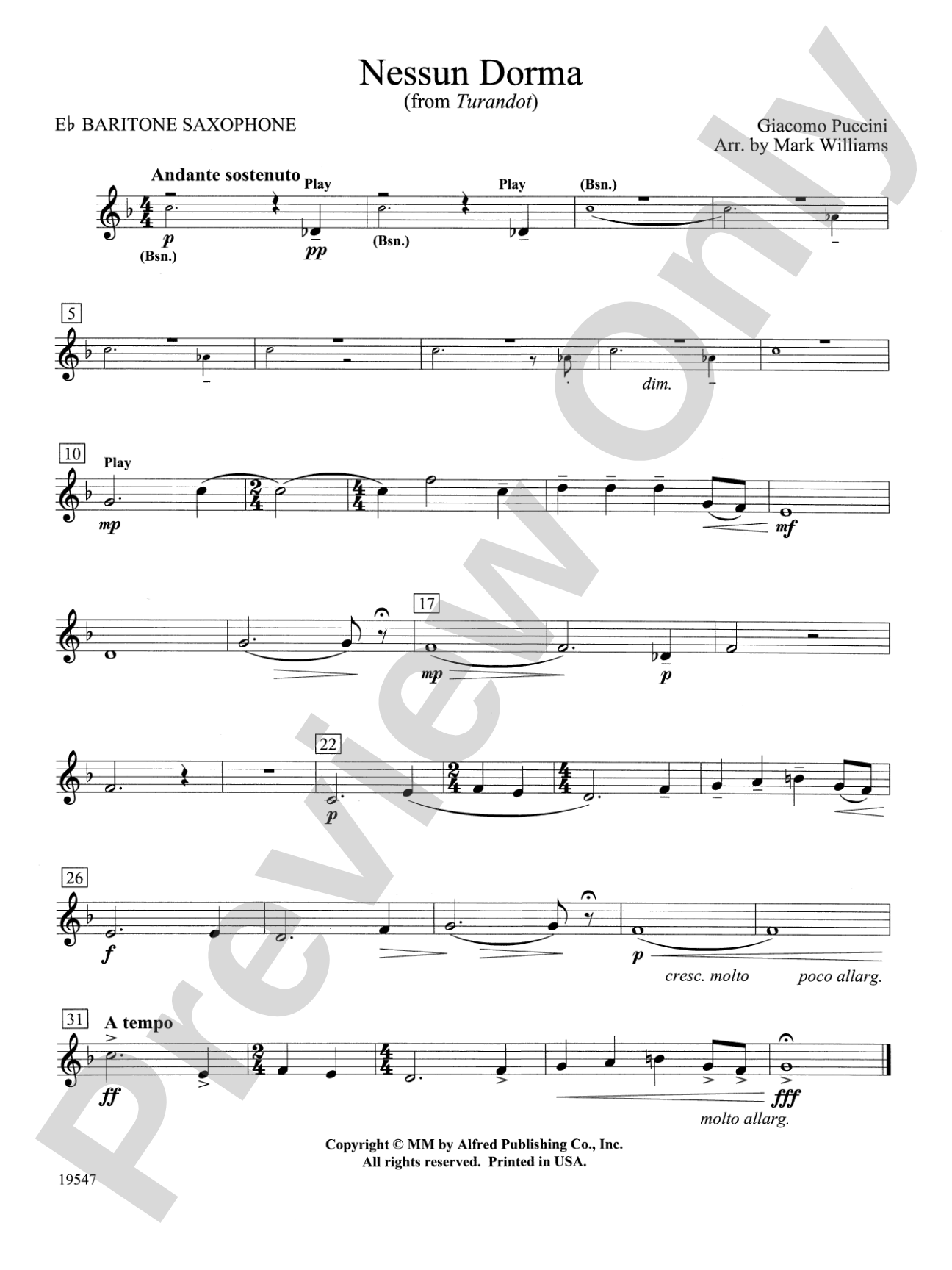 Nessun Dorma: E-flat Baritone Saxophone