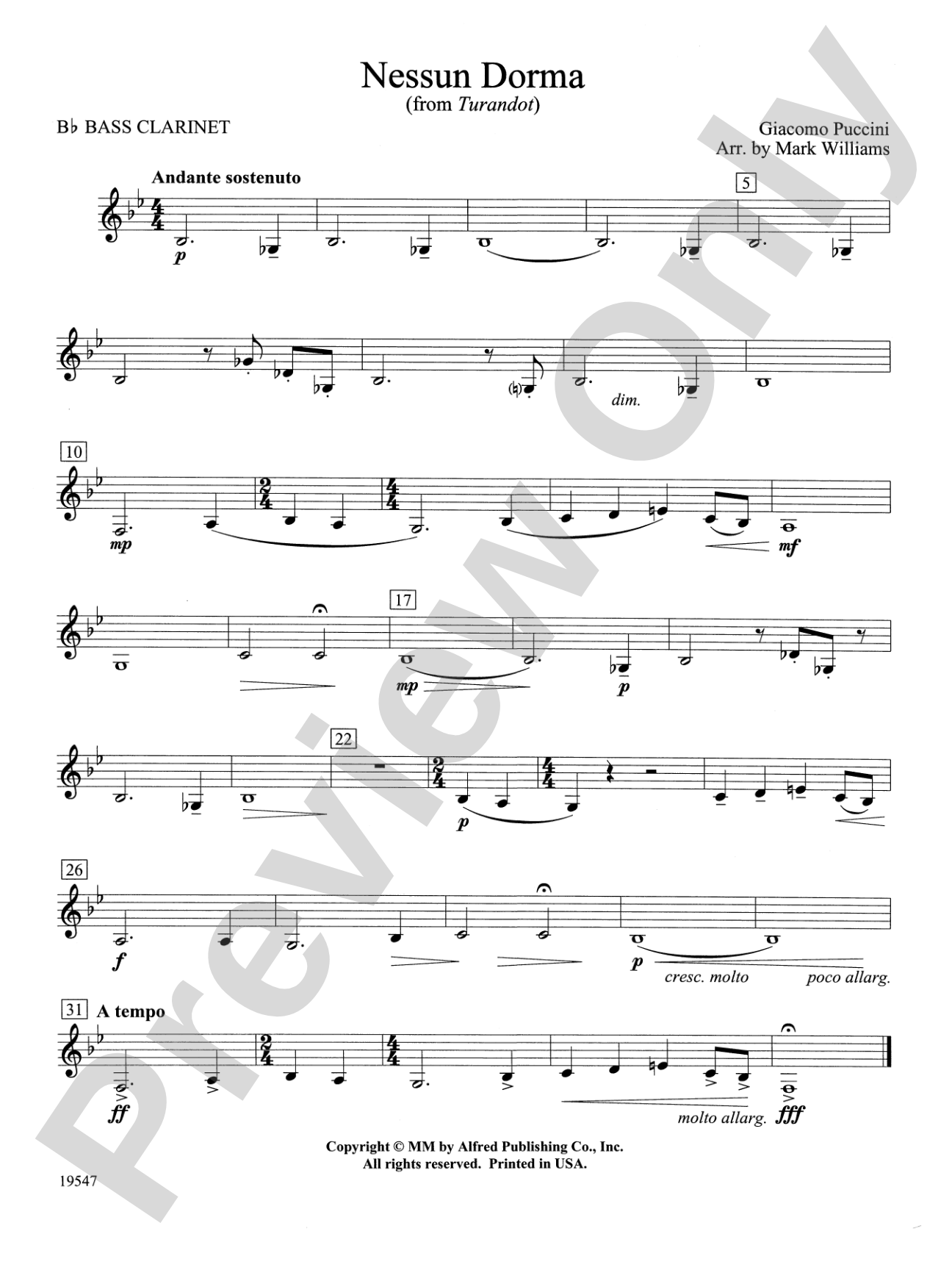 Nessun Dorma: B-flat Bass Clarinet