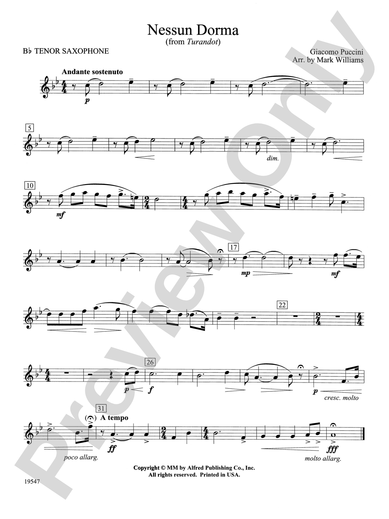 Nessun Dorma: B-flat Tenor Saxophone