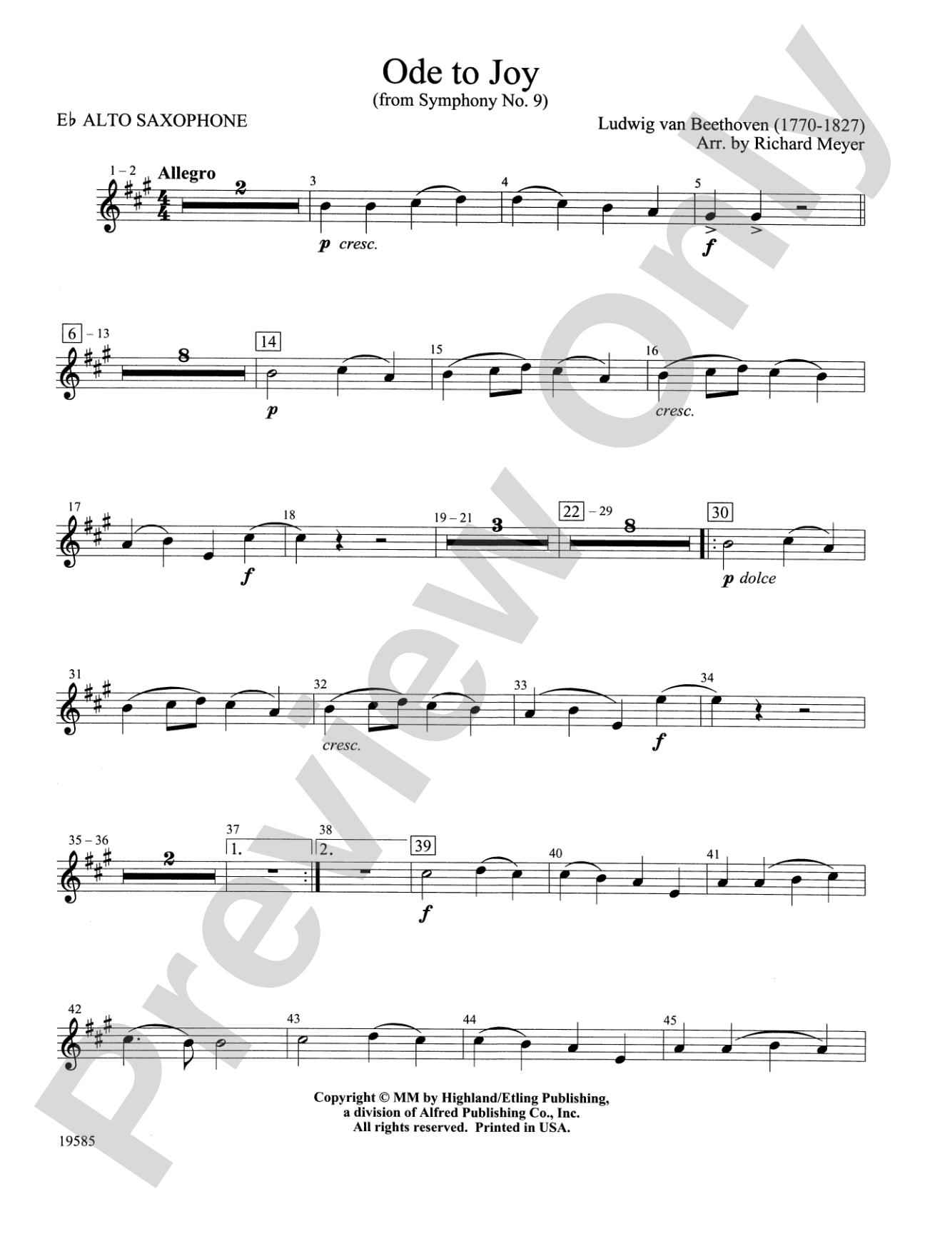 Ode to Joy from Symphony No. 9: E-flat Alto Saxophone