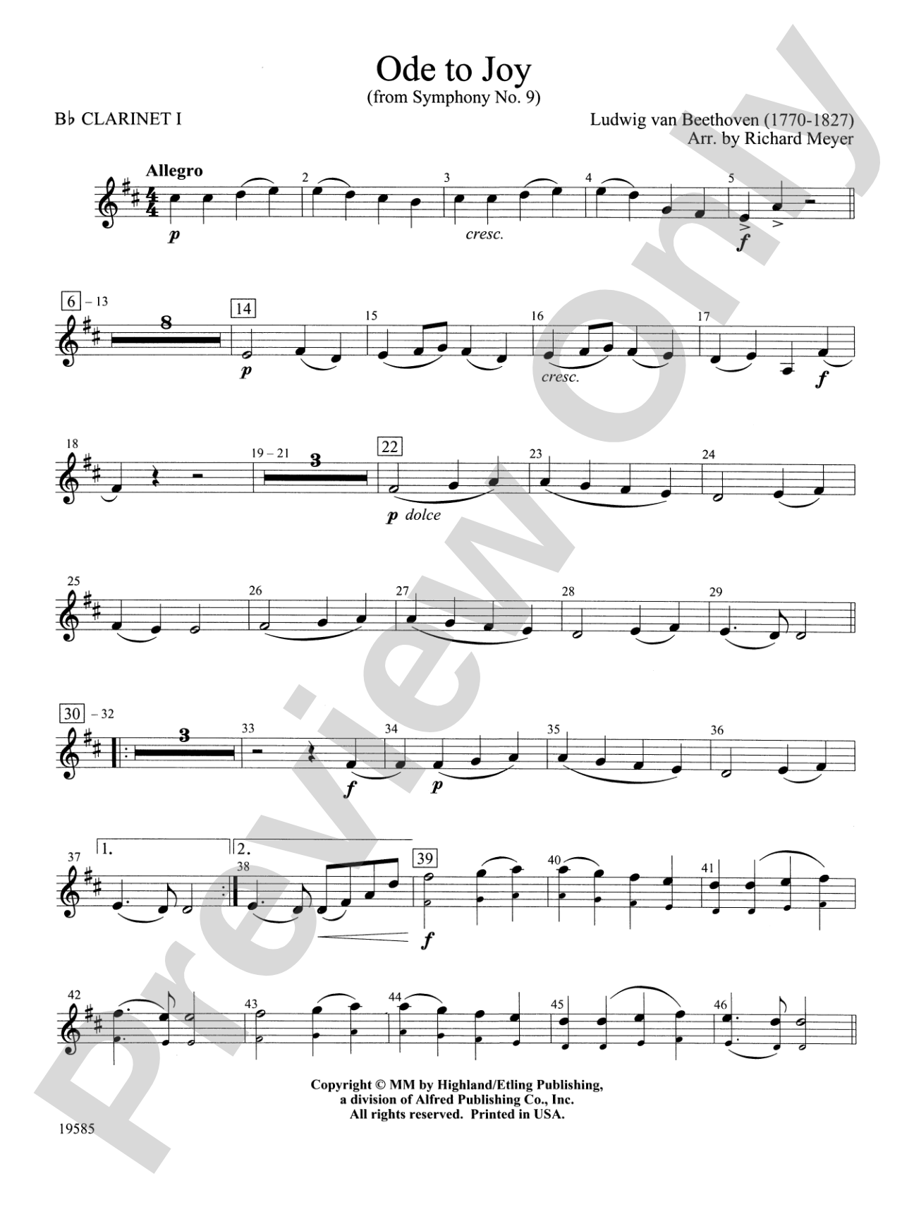 Ode to Joy from Symphony No. 9: 1st B-flat Clarinet