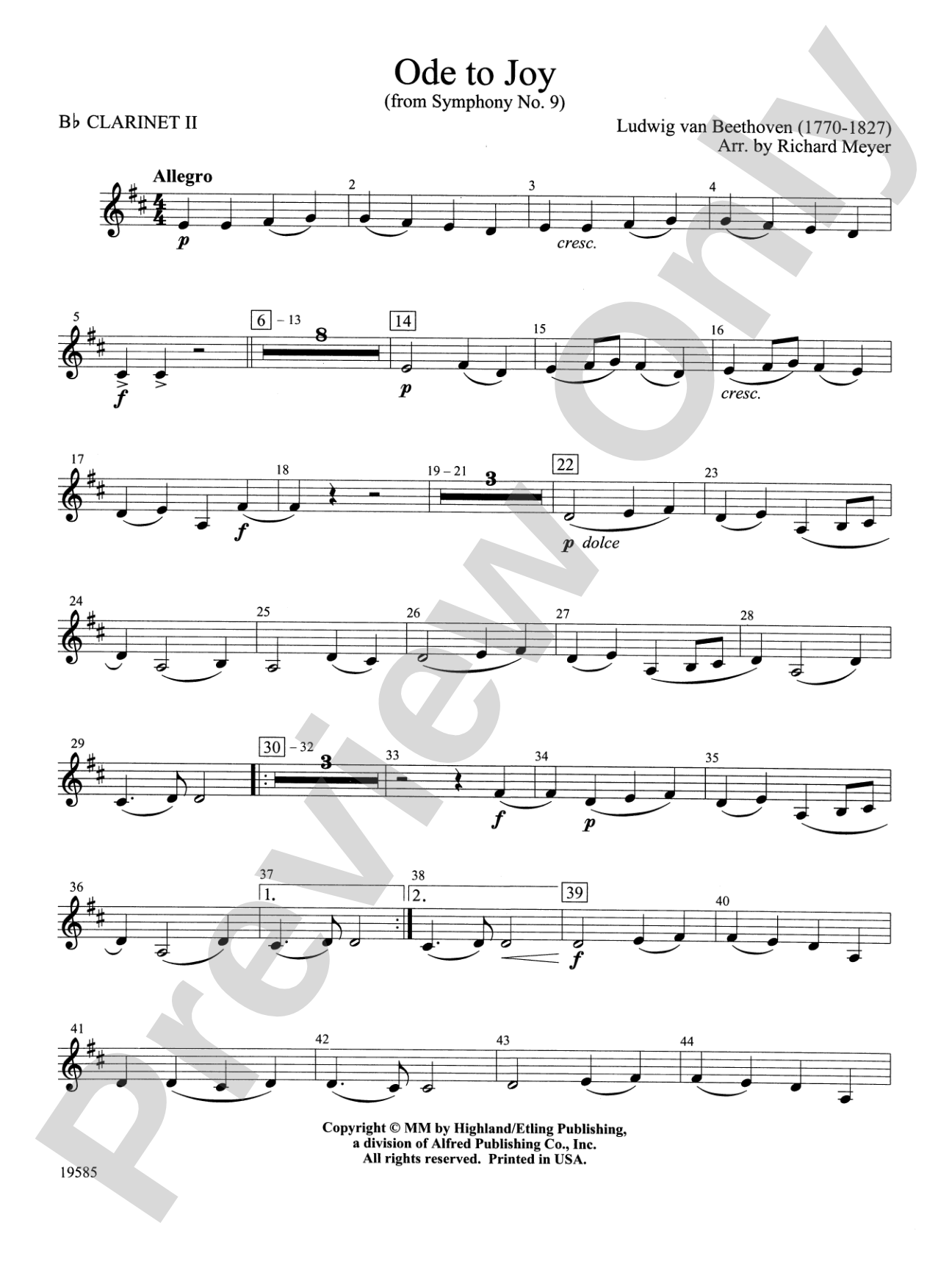 Ode to Joy from Symphony No. 9: 2nd B-flat Clarinet