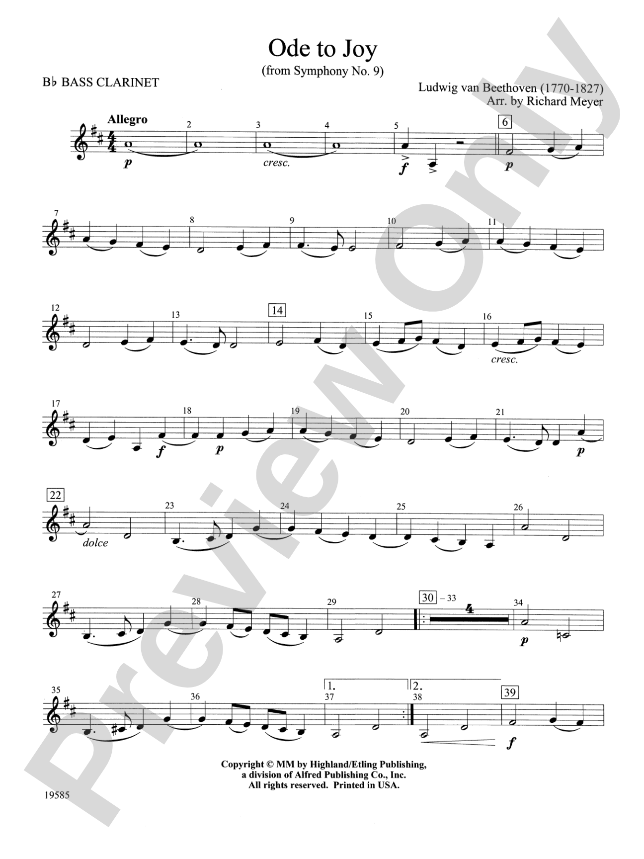 Ode to Joy from Symphony No. 9: B-flat Bass Clarinet
