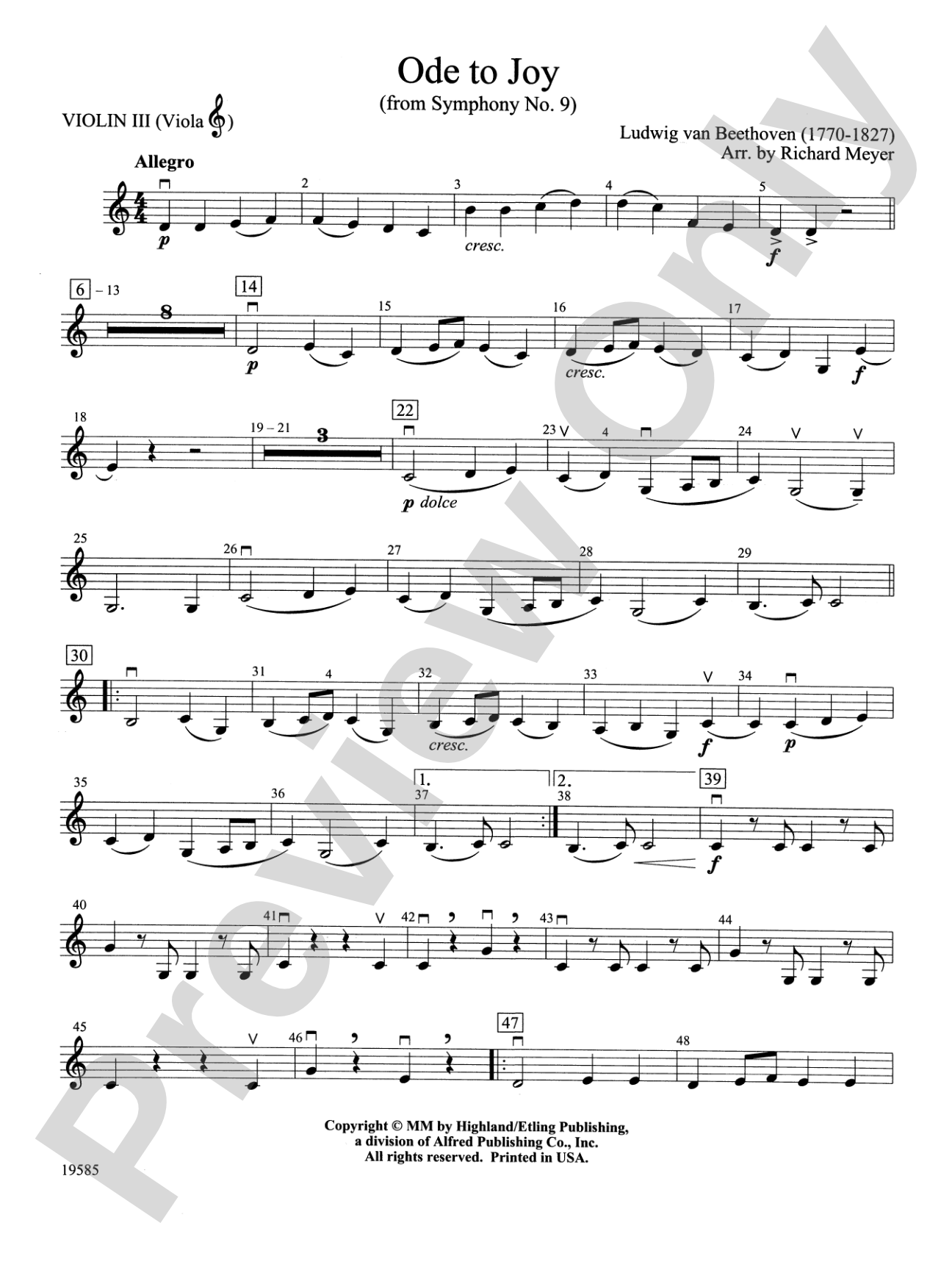 Ode to Joy from Symphony No. 9: 3rd Violin (Viola [TC])