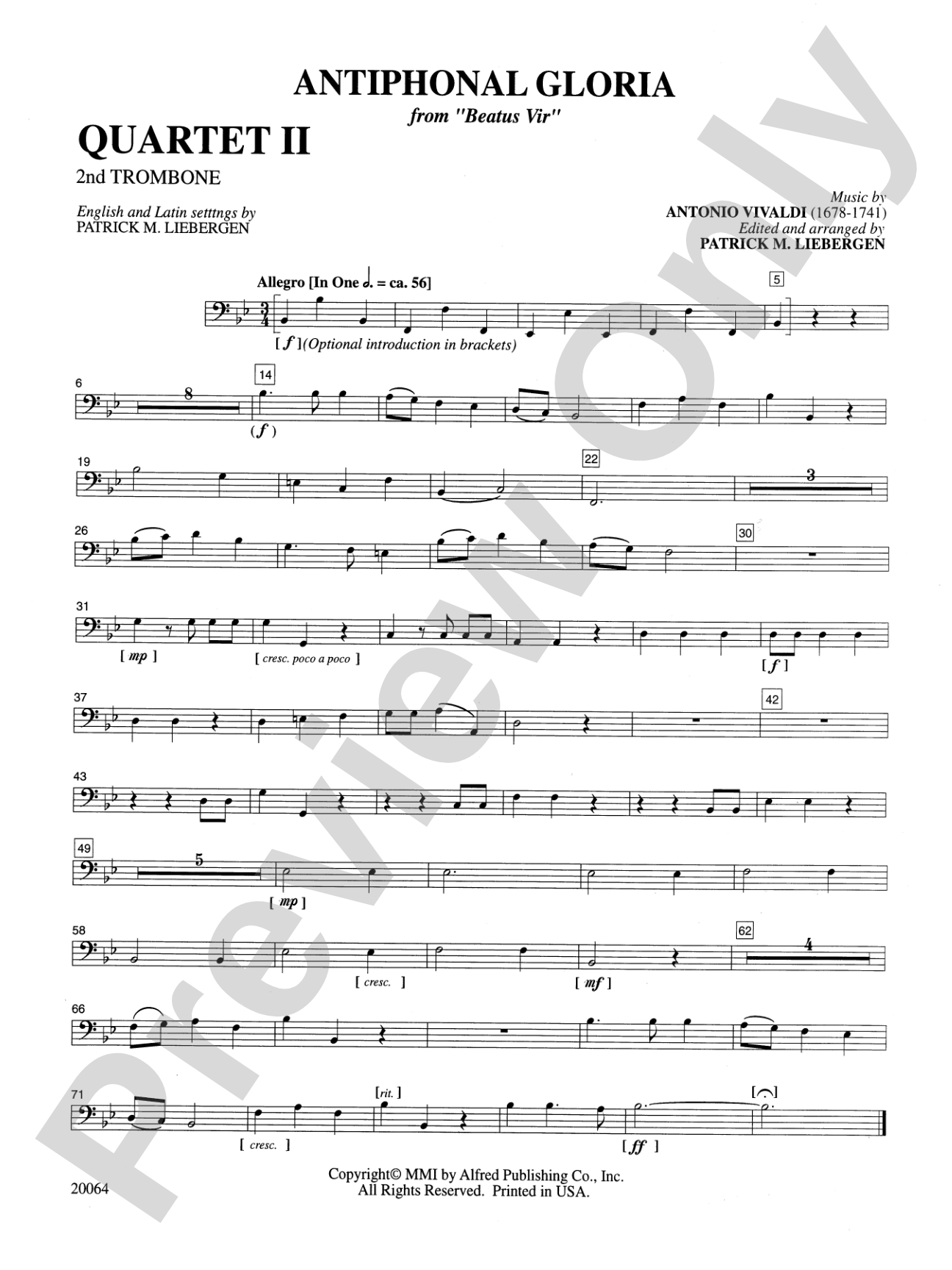 Antiphonal Gloria: 2nd Trombone Quartet 2: Choral SoundPax