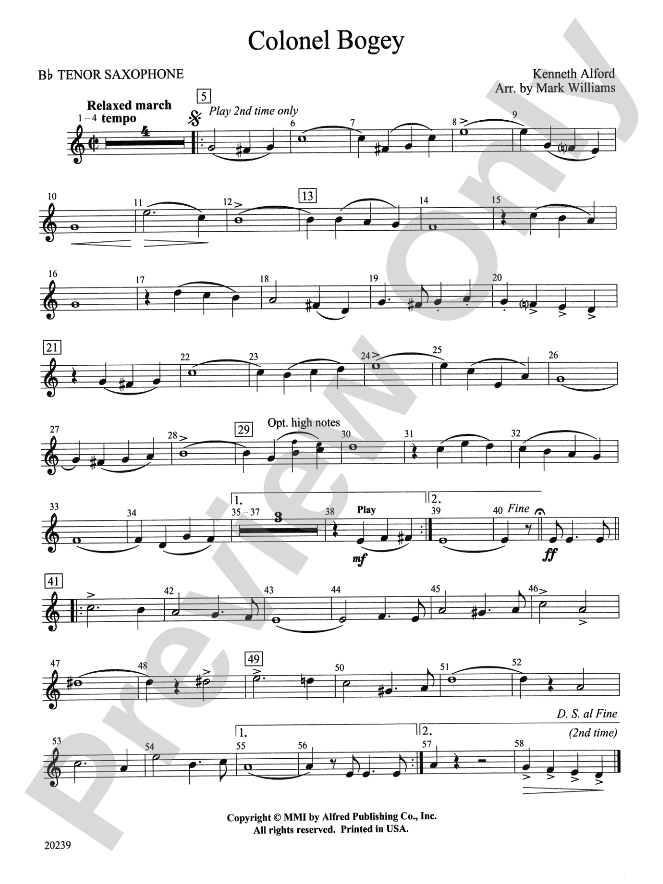 Colonel Bogey: B-flat Tenor Saxophone