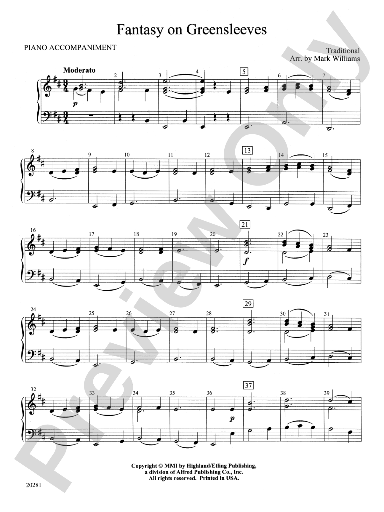 Fantasy on Greensleeves: Piano Accompaniment