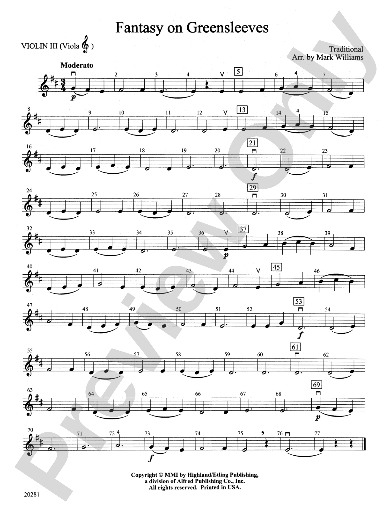 Fantasy on Greensleeves: 3rd Violin (Viola [TC])