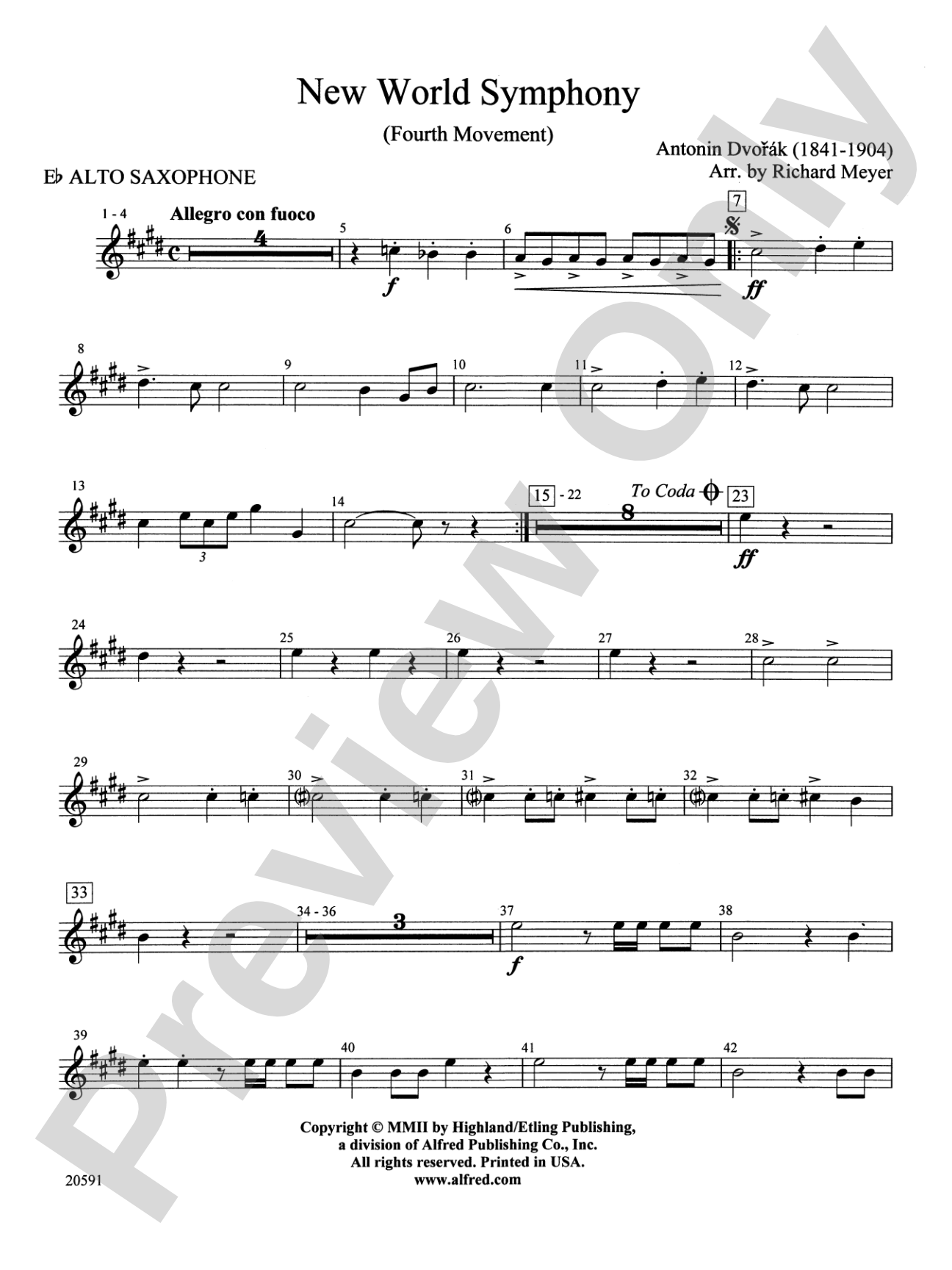 New World Symphony (Fourth Movement): E-flat Alto Saxophone