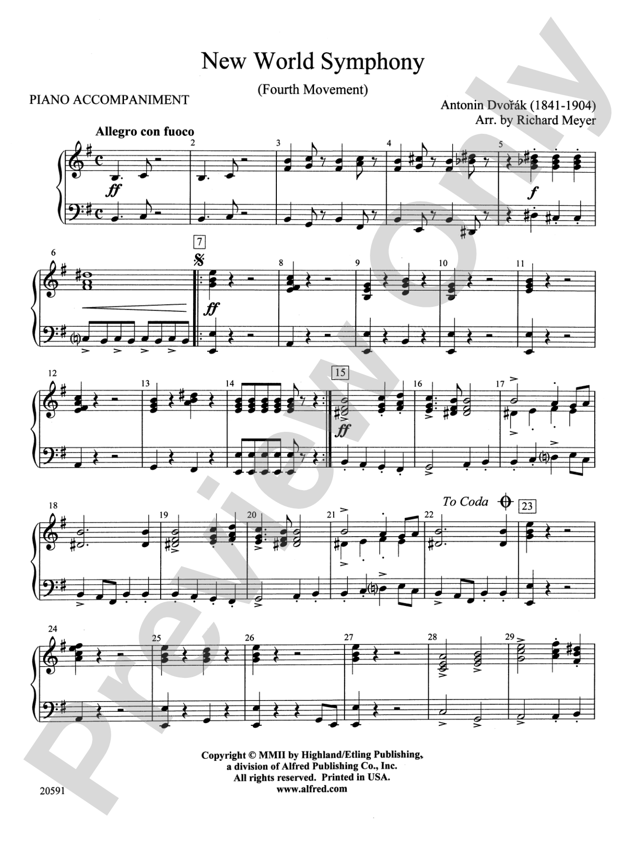 New World Symphony (Fourth Movement): Piano Accompaniment