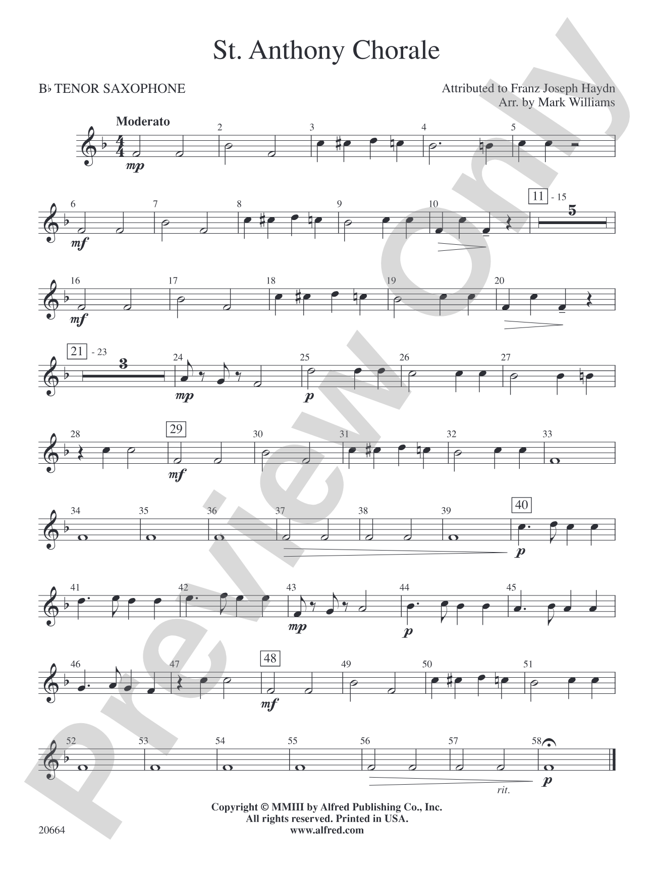 St. Anthony Chorale: B-flat Tenor Saxophone