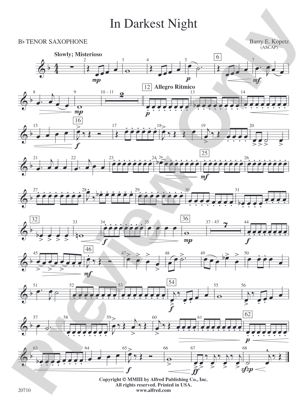 In Darkest Night: B-flat Tenor Saxophone