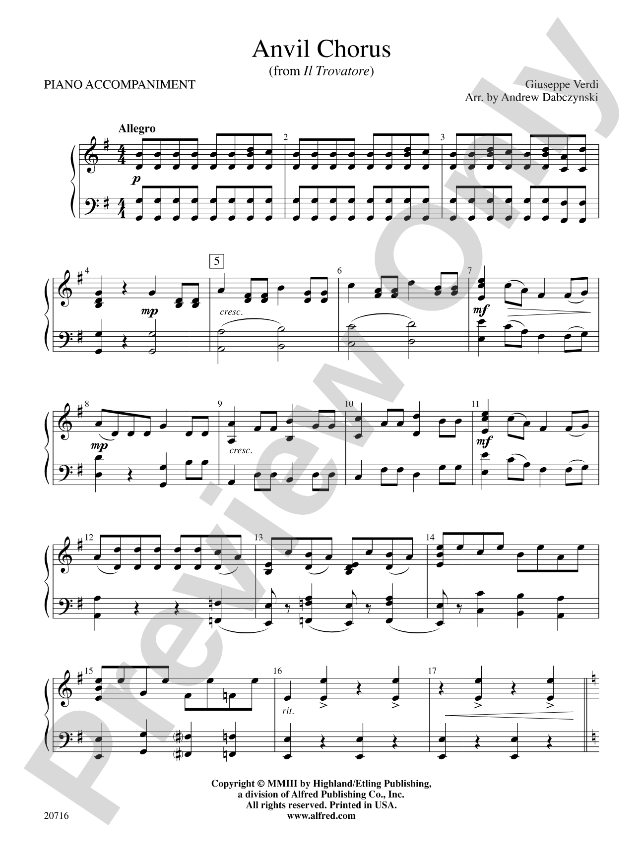 Anvil Chorus (from Il Trovatore): Piano Accompaniment