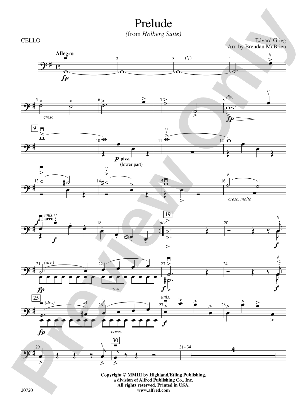 Prelude (from Holberg Suite): Cello