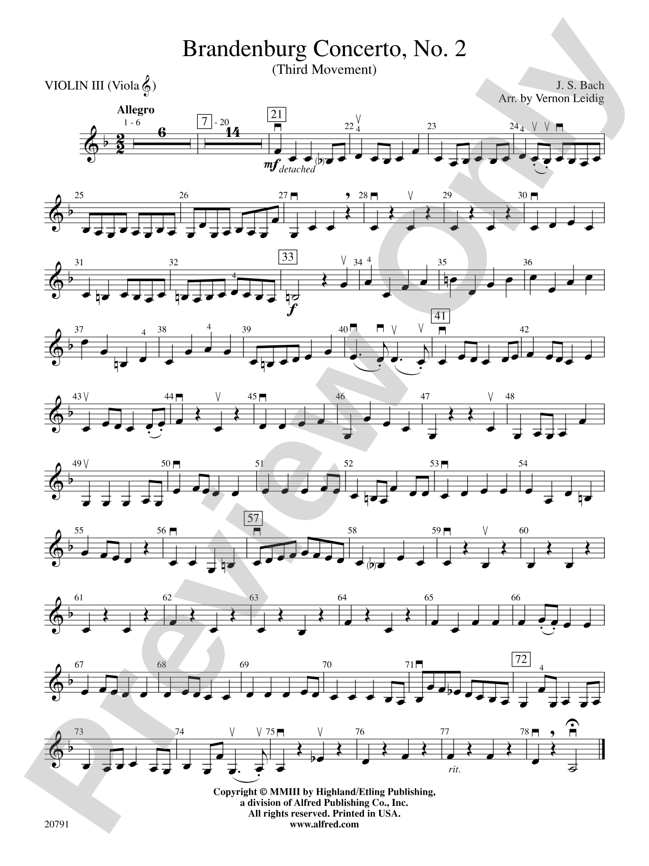Brandenburg Concerto No. 2 (3rd Movement): 3rd Violin (Viola [TC])