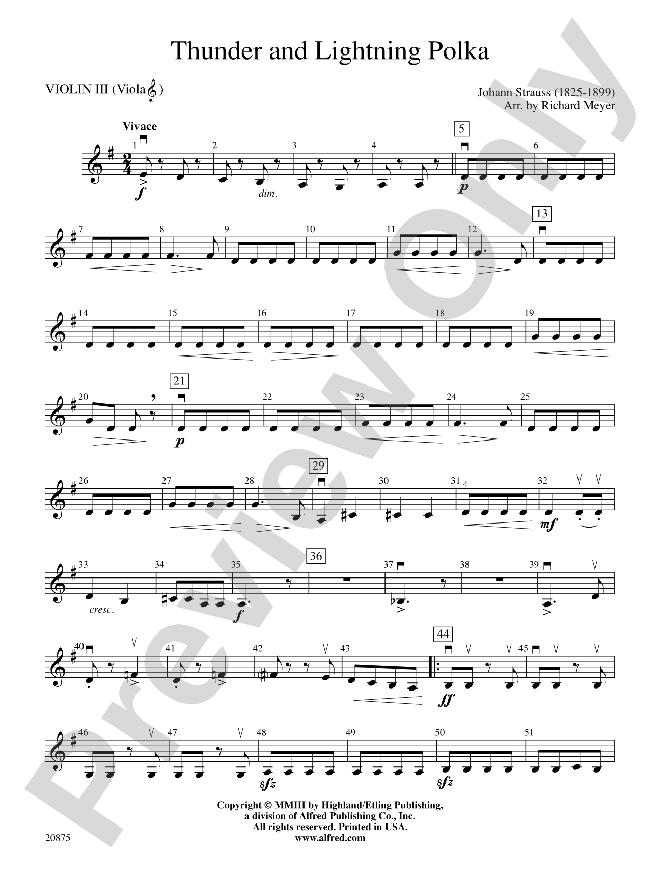 Thunder and Lightning Polka: 3rd Violin (Viola [TC])