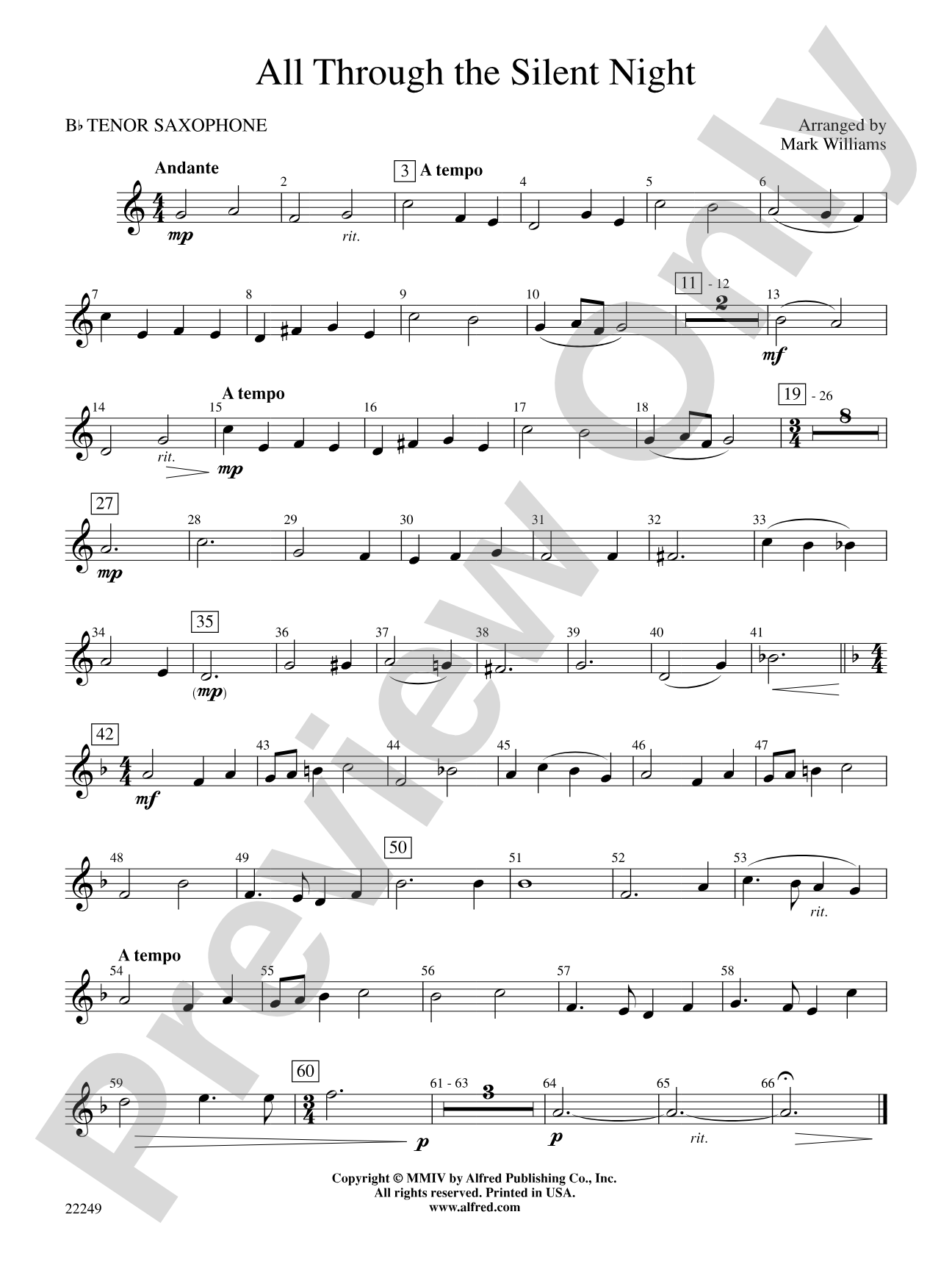 All Through the Silent Night: B-flat Tenor Saxophone