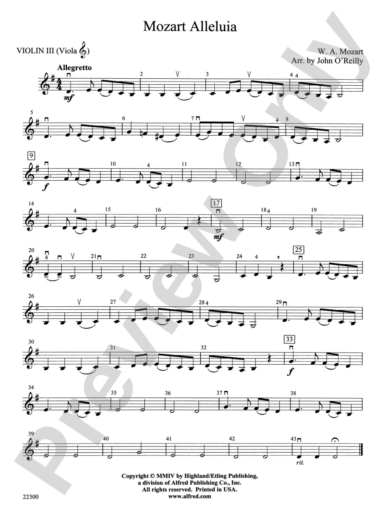 Mozart Alleluia: 3rd Violin (Viola [TC])