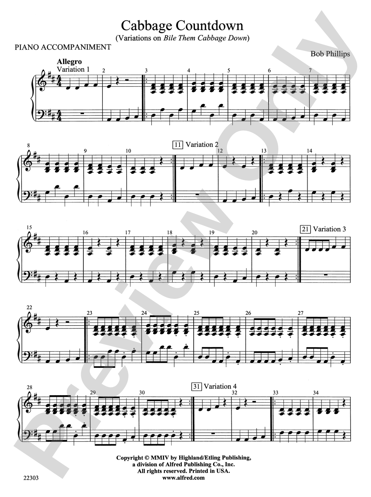 Cabbage Countdown: Piano Accompaniment