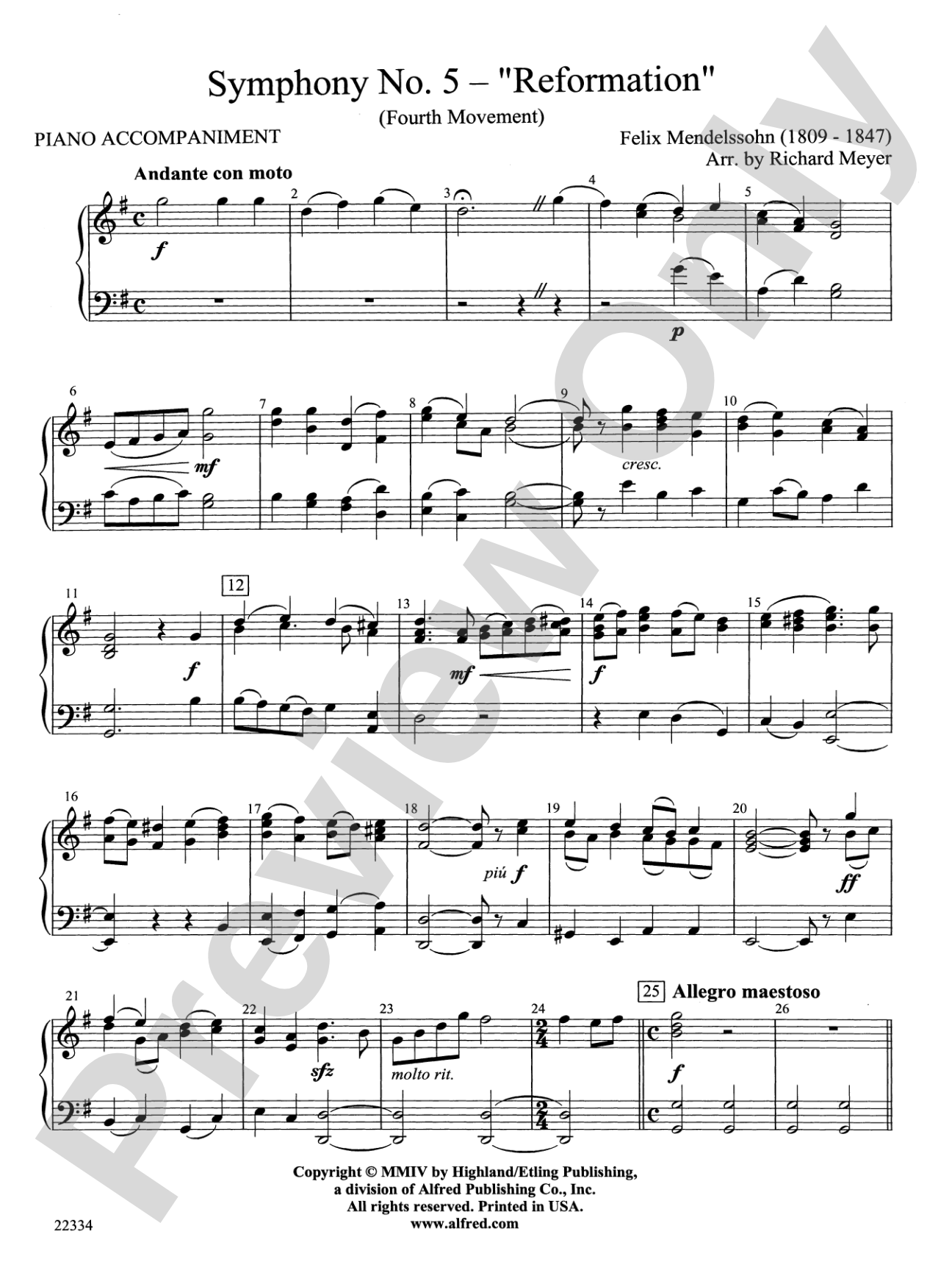 Symphony No. 5 "Reformation" (4th Movement): Piano Accompaniment