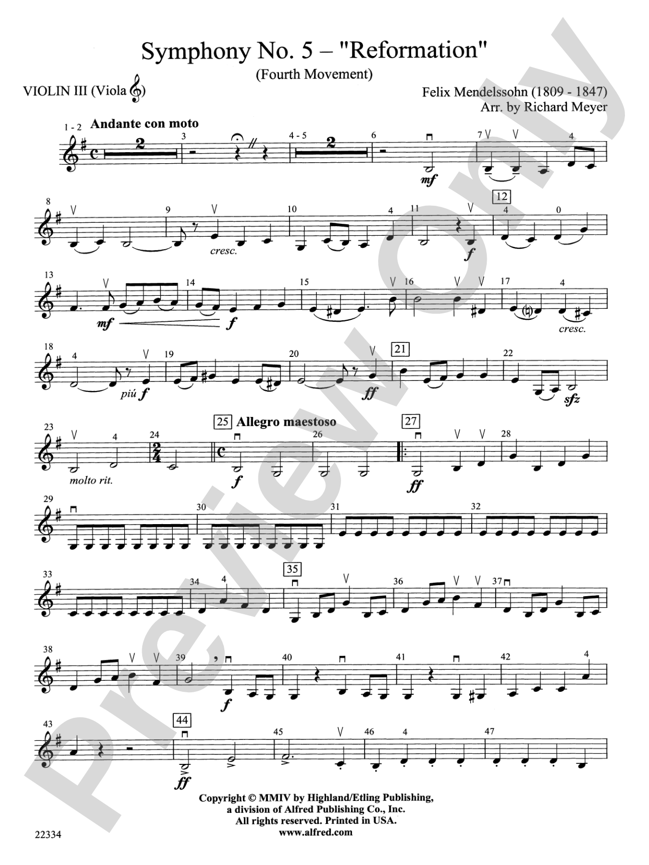 Symphony No. 5 "Reformation" (4th Movement): 3rd Violin (Viola [TC])